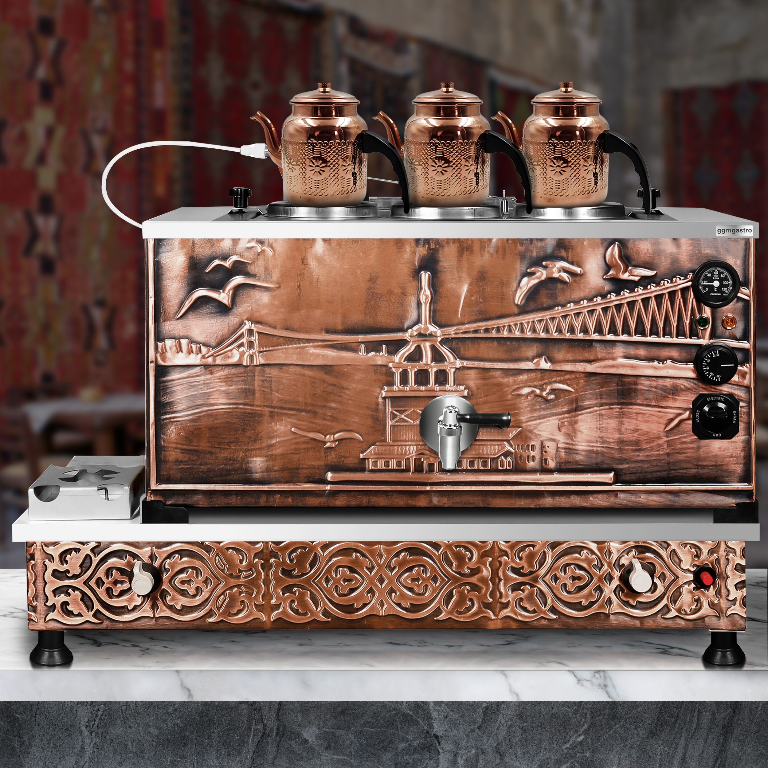 Commercial Gas & Electric Copper Tea Urn - 870mm - 33 Litres - Istanbul Design