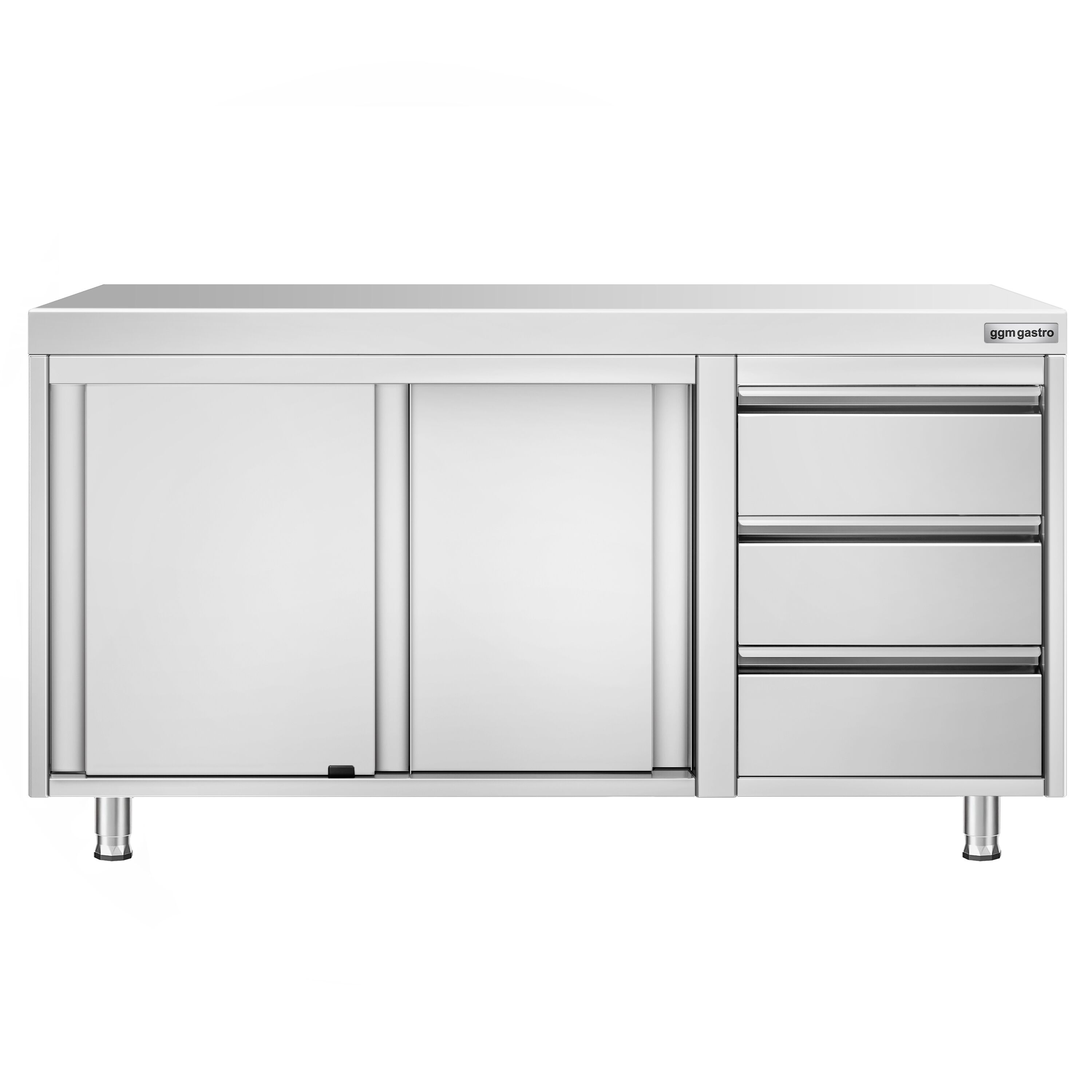 Table armoire en acier inoxydable PREMIUM - 1400x600mm - avec portes coulissantes et 3 tiroirs à droite