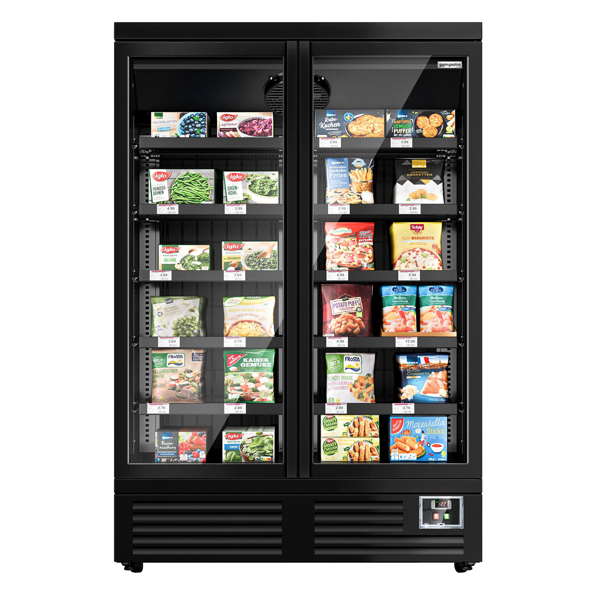 Vitrine murale de congélation - 1310 mm - 991 litres - avec 2 portes battantes à double vitrage & 5 étagères