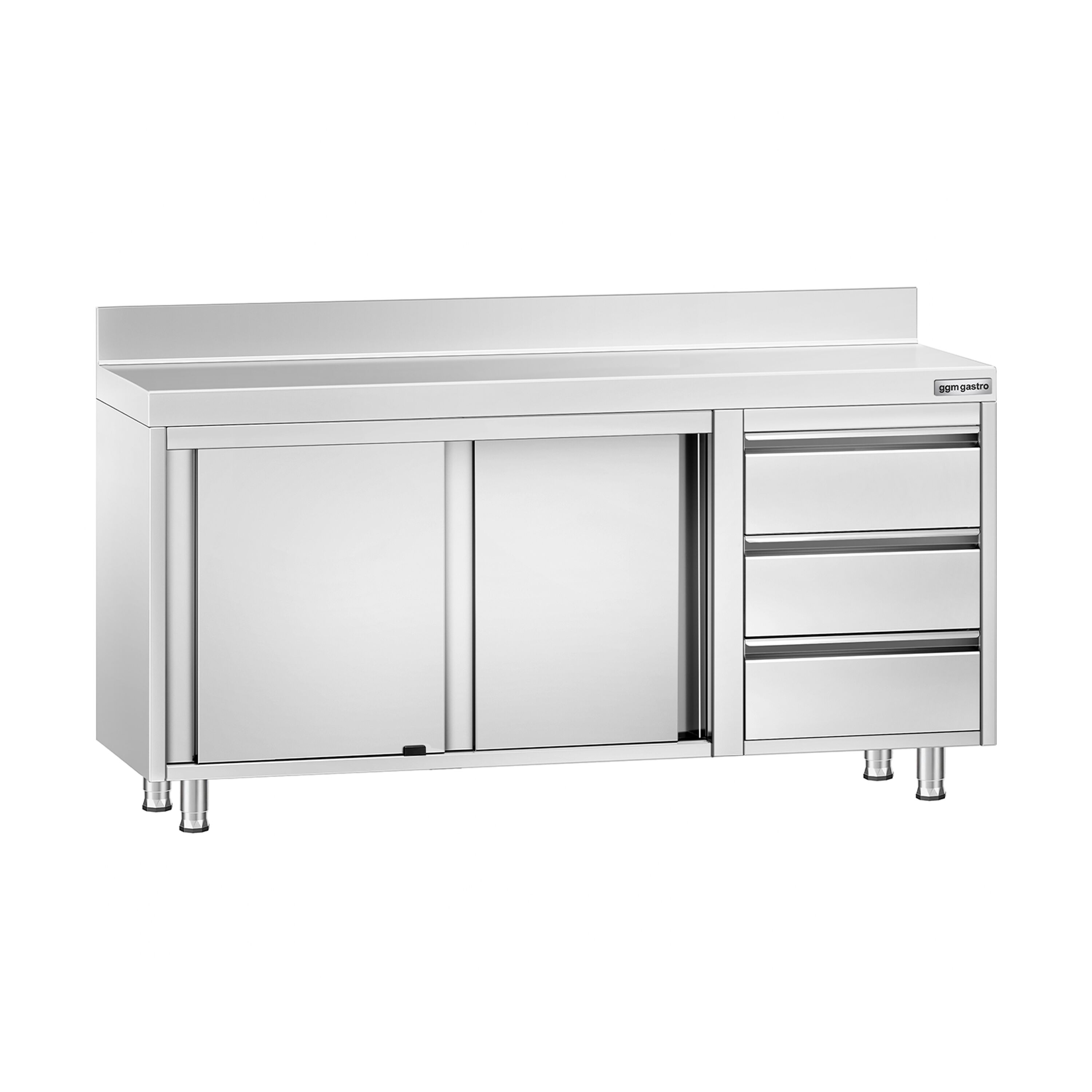 Table armoire en acier inoxydable PREMIUM - 1600x600mm - avec 3 tiroirs à droite et portes coulissantes - avec dosseret