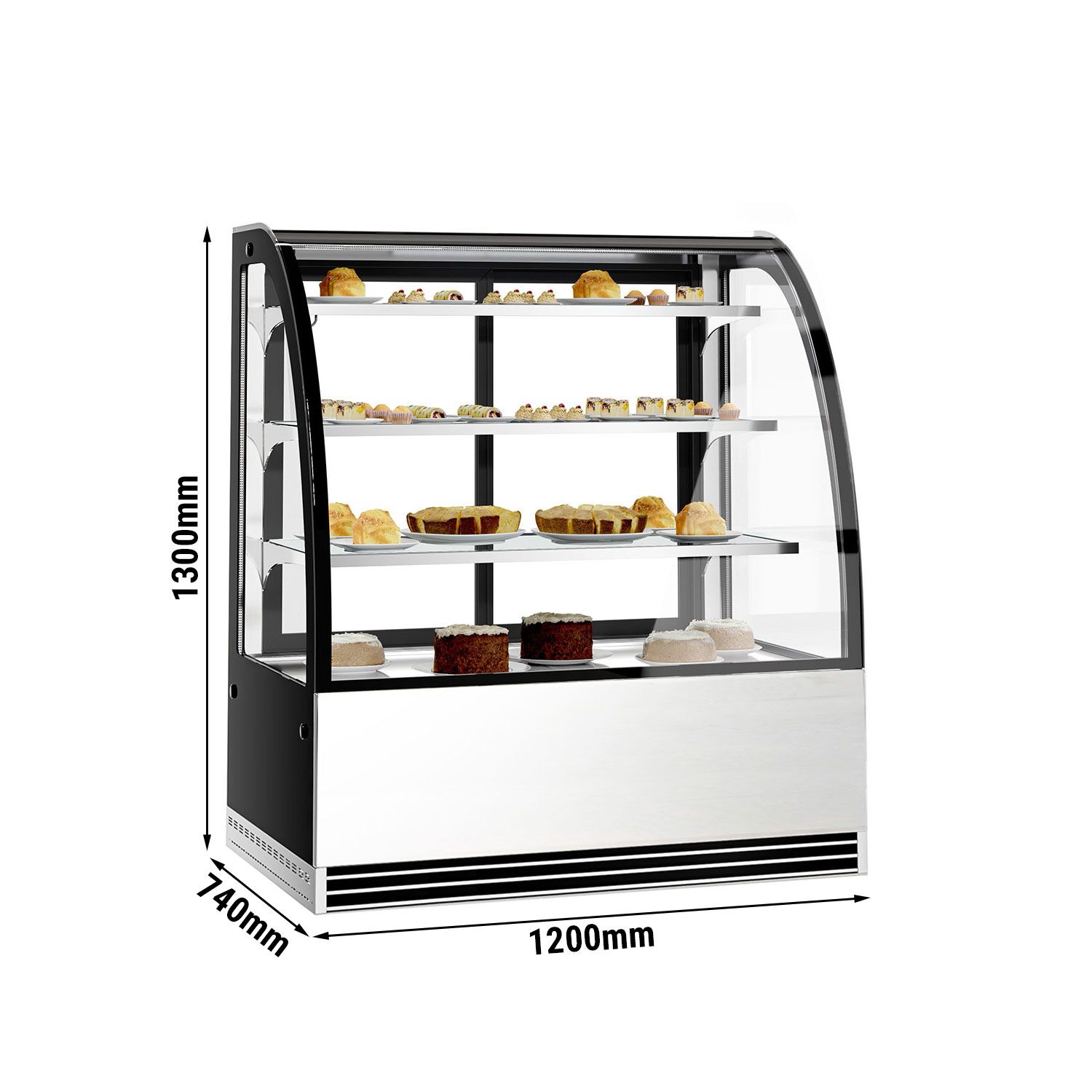 Vitrine à pâtisserie réfrigérée - 414L - 1200mm - Double vitrage - avec 3 étagères en verre - portes coulissantes vitrées arrière