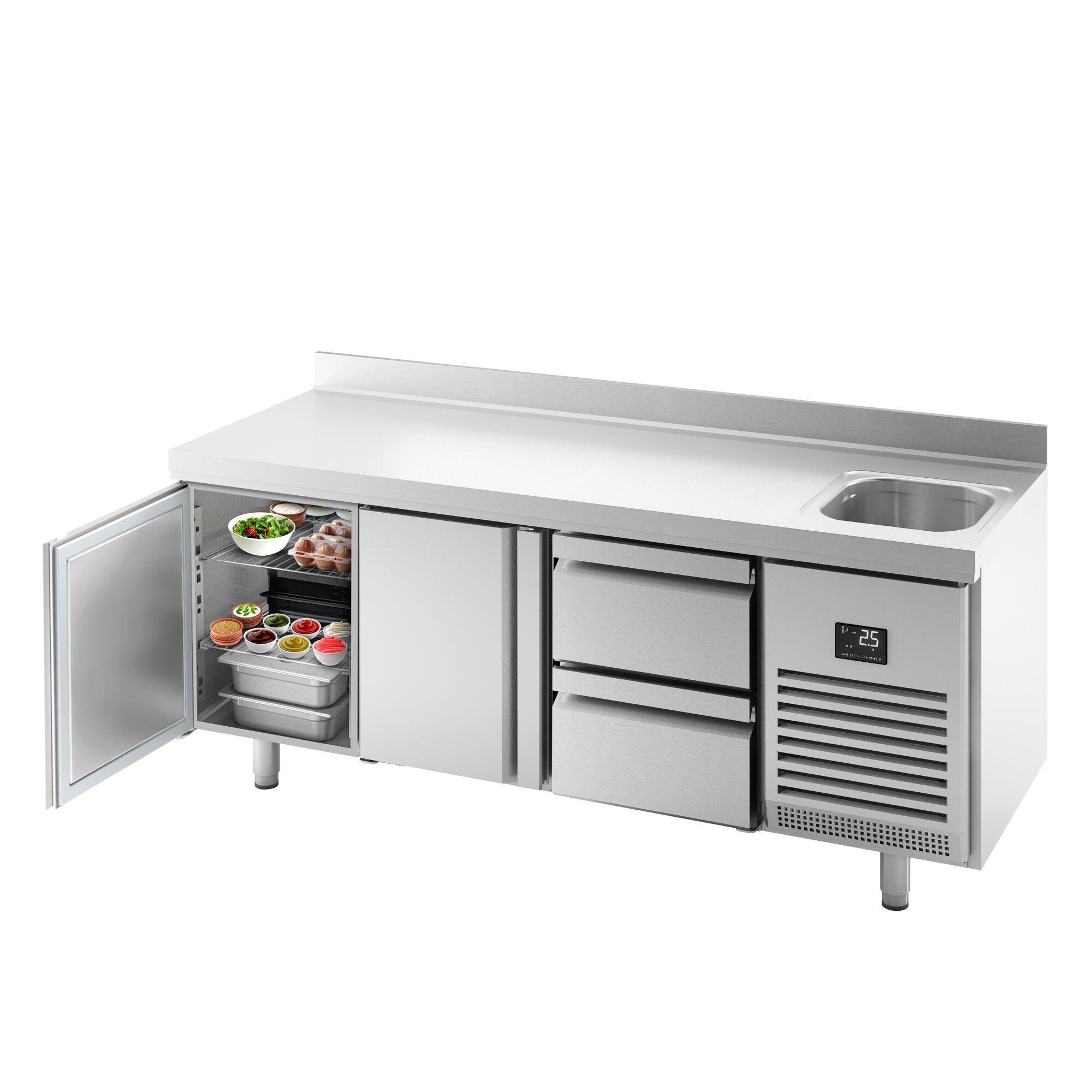 Table réfrigérée Premium PLUS - 1960 x 600 mm - avec 1 bac, 2 portes, 2 tiroirs - dosseret