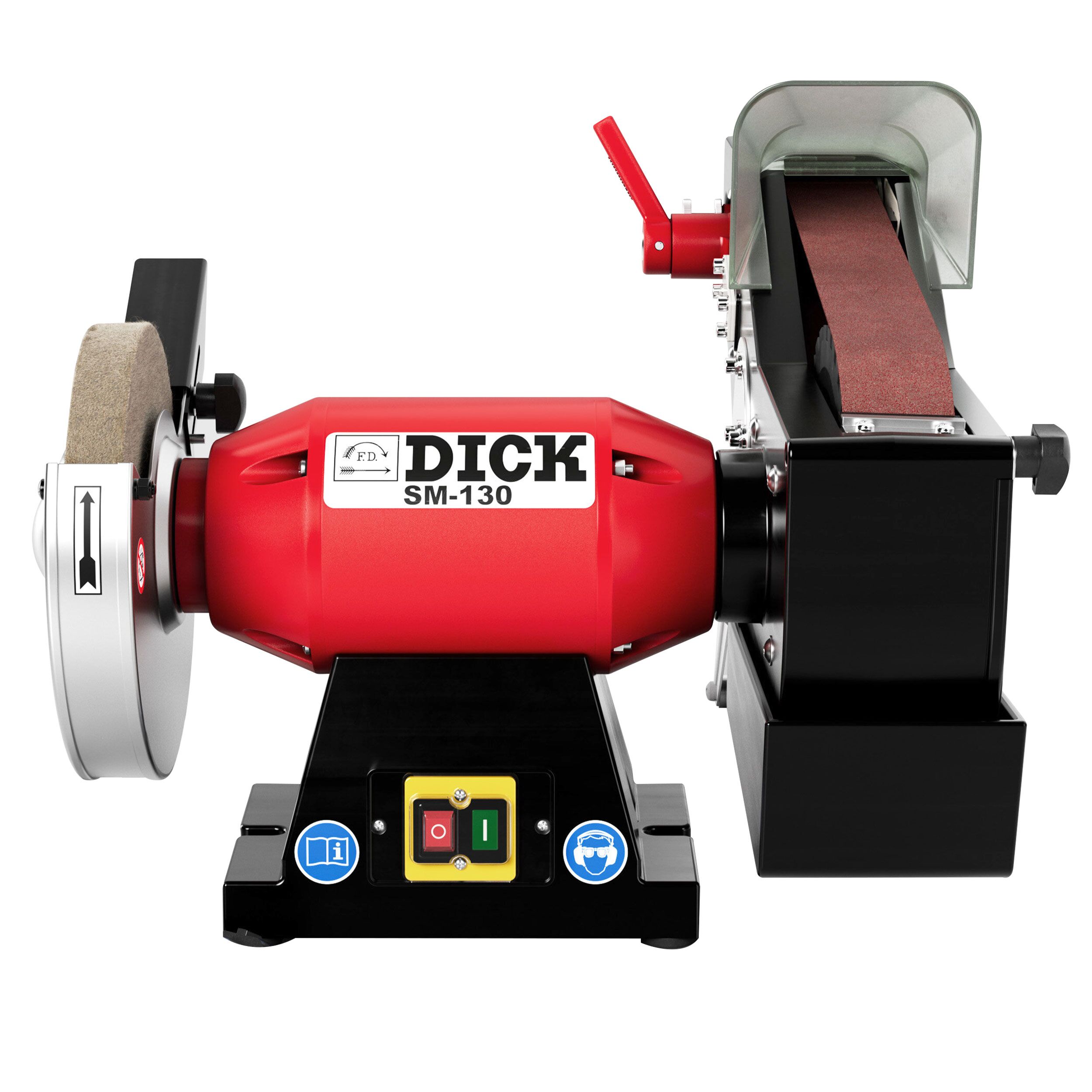 F. DICK | SM-130 Wet Belt Knife Sharpener – Belt 1000×50 mm – Ø200×25 mm Wheel – 400 W – Red