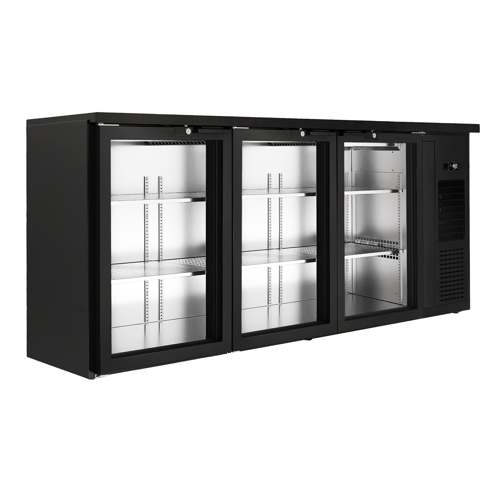 Commercial Back Bar Bottle Cooler PREMIUM PLUS - Premium PLUS - 1989x512mm - 469L - with 3 Hinged Glass Doors, LED lighting, locks, auto defrost, fan-assisted cooling - Black