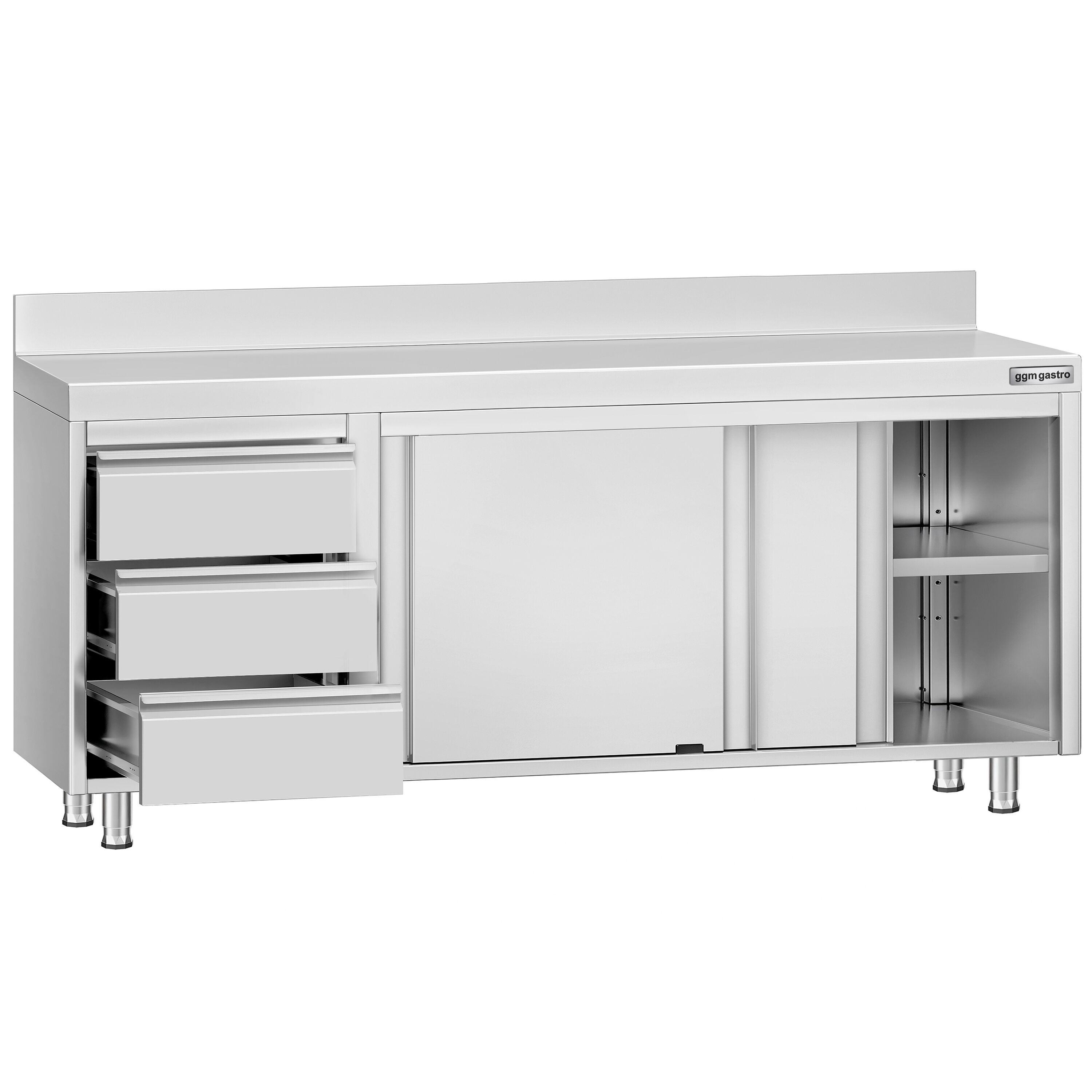 Table armoire en acier inoxydable ECO - 2000x600mm - avec portes coulissantes et 3 tiroirs à gauche et étagère basse - avec dosseret