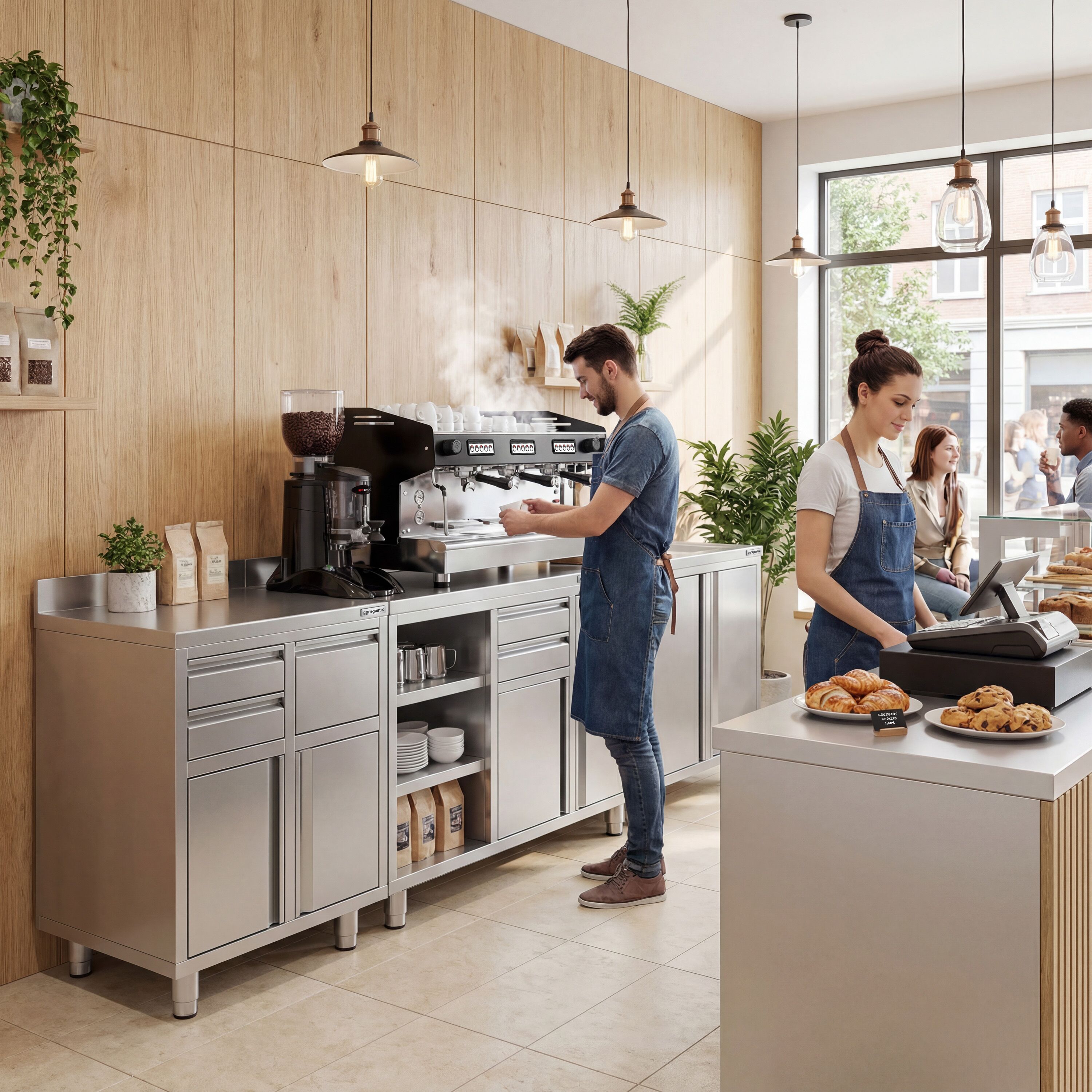 Table armoire en acier inoxydable - 1292x600mm - avec portes battantes - avec dosseret - pour machine à café (cafetière à filtre)