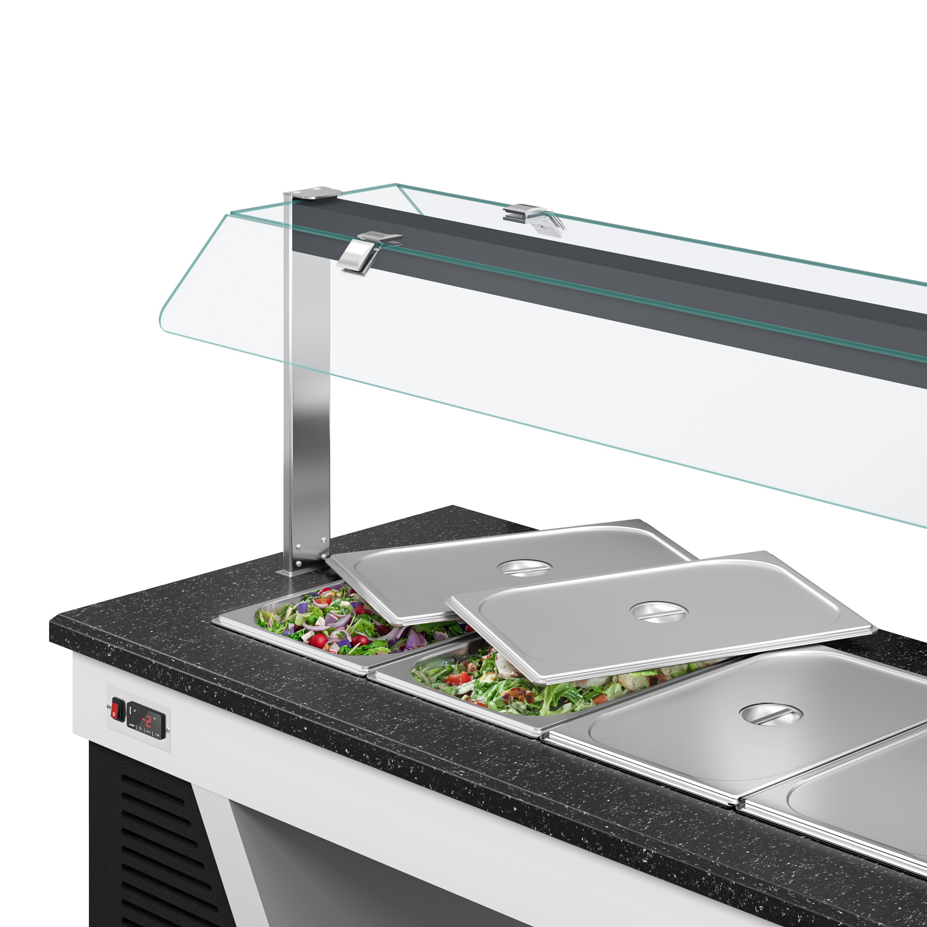 Refrigerated Buffet Display BELFAST - 2000mm - with Refrigerated Well + Flat Glass Sneeze Guard - on Castors - for 5x GN 1/1 - Black