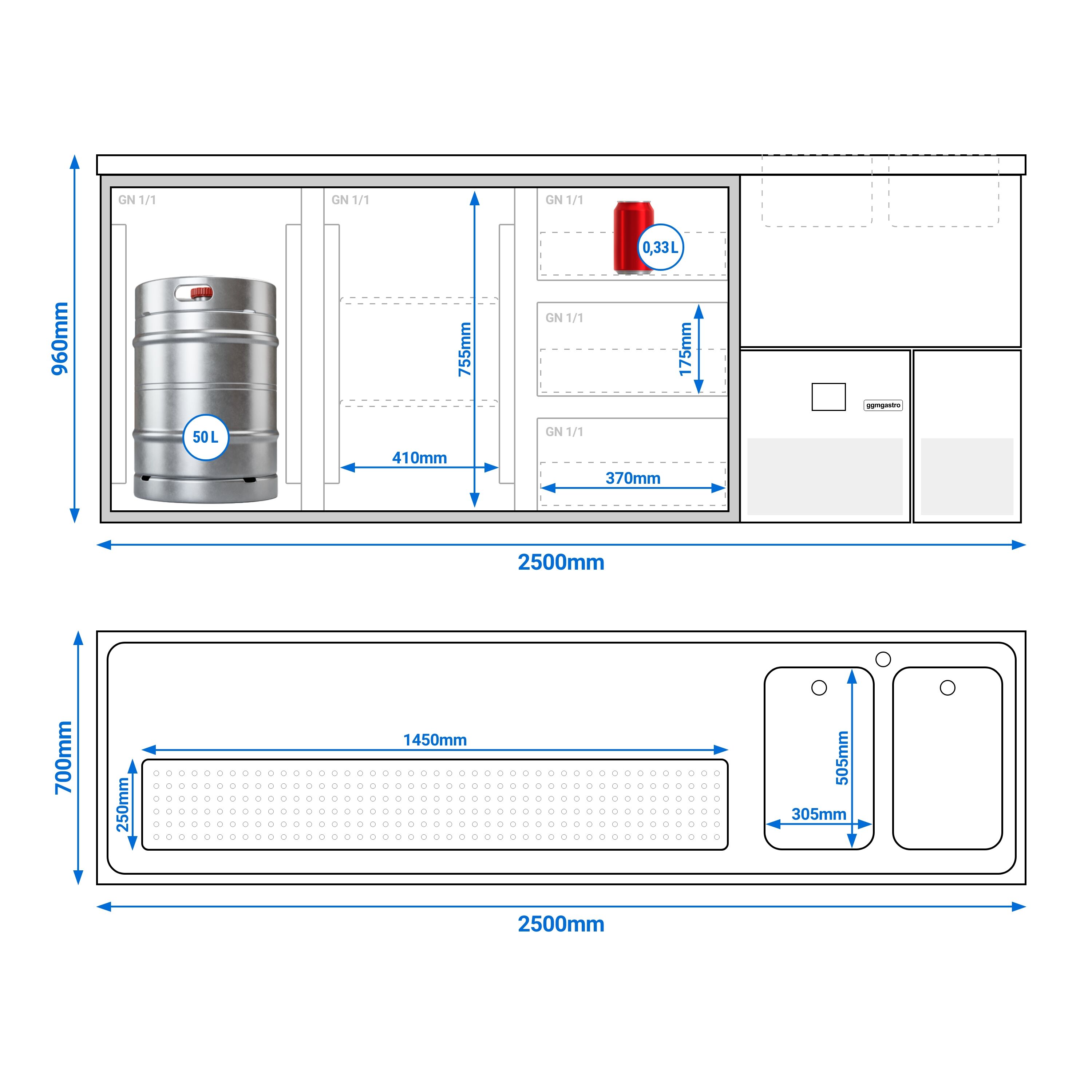 Barra de cerveza - 2,5 × 0,7 m - 2 puertas de cristal con 3 cajones de cristal 1/3