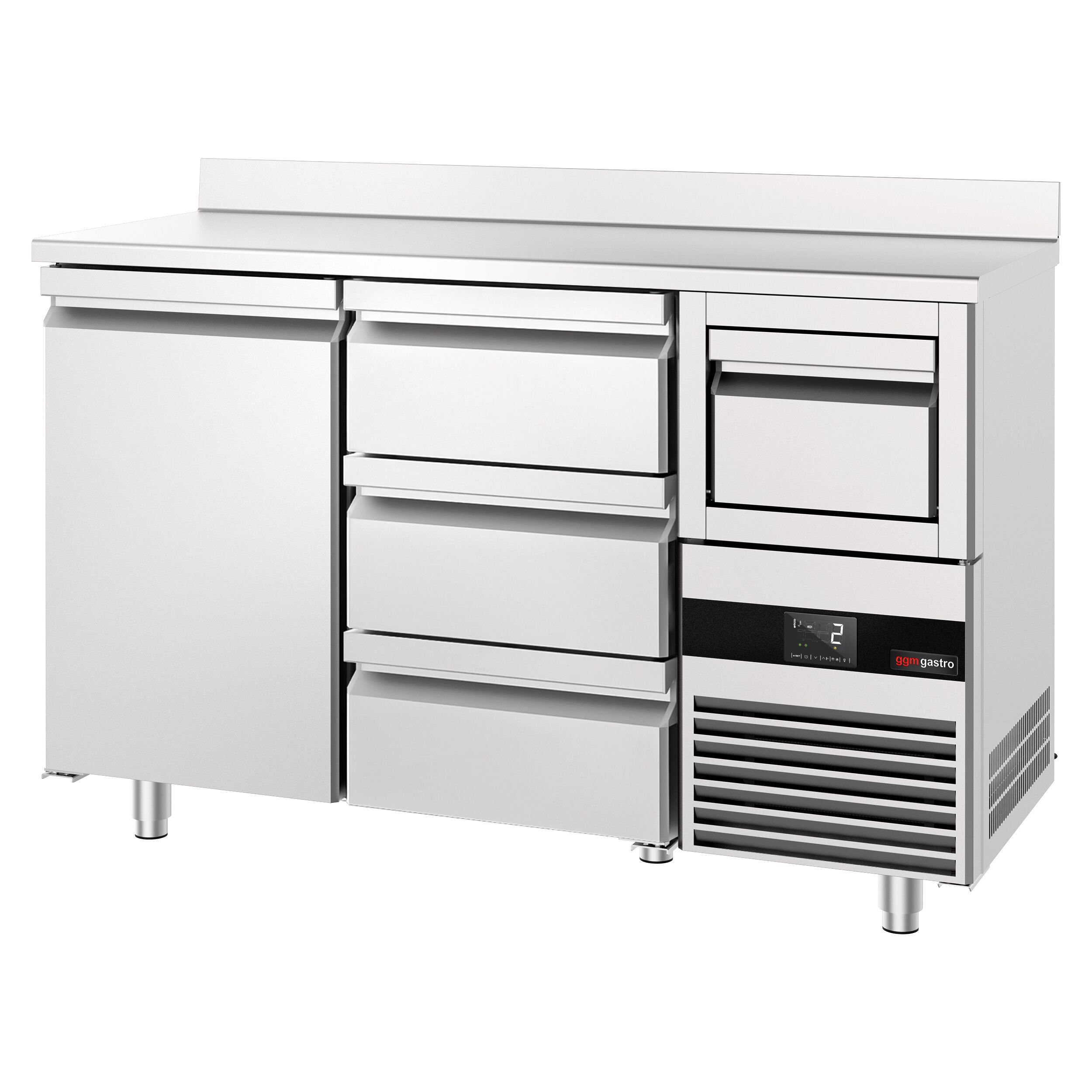 Arrière-bar réfrigéré professionnel  PREMIUM - 1580 x 600 mm - avec 1 porte et 3 tiroirs - avec dosseret - avec tiroir à marc de café