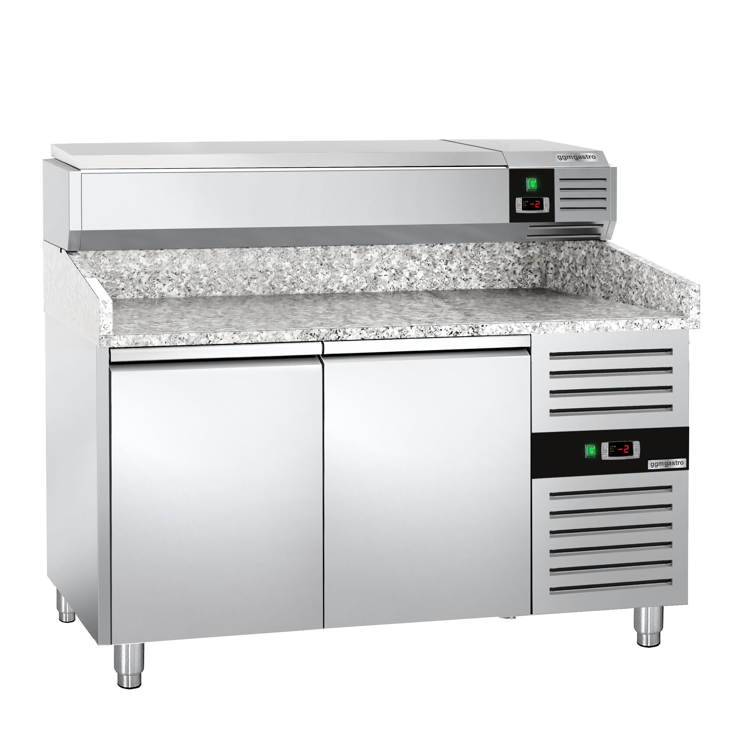 Table réfrigérée à pizza PREMIUM - 1500 x 800 mm - avec 2 portes - incl. vitrine réfrigérée - 6 x GN 1/3