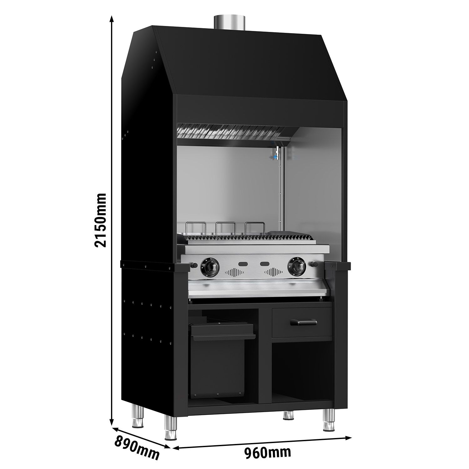 Commercial Gas Chargrill BERLIN - 960mm - 790mm Deep - 4 Grill Grids - Cast-Iron Cooking Grids - Black