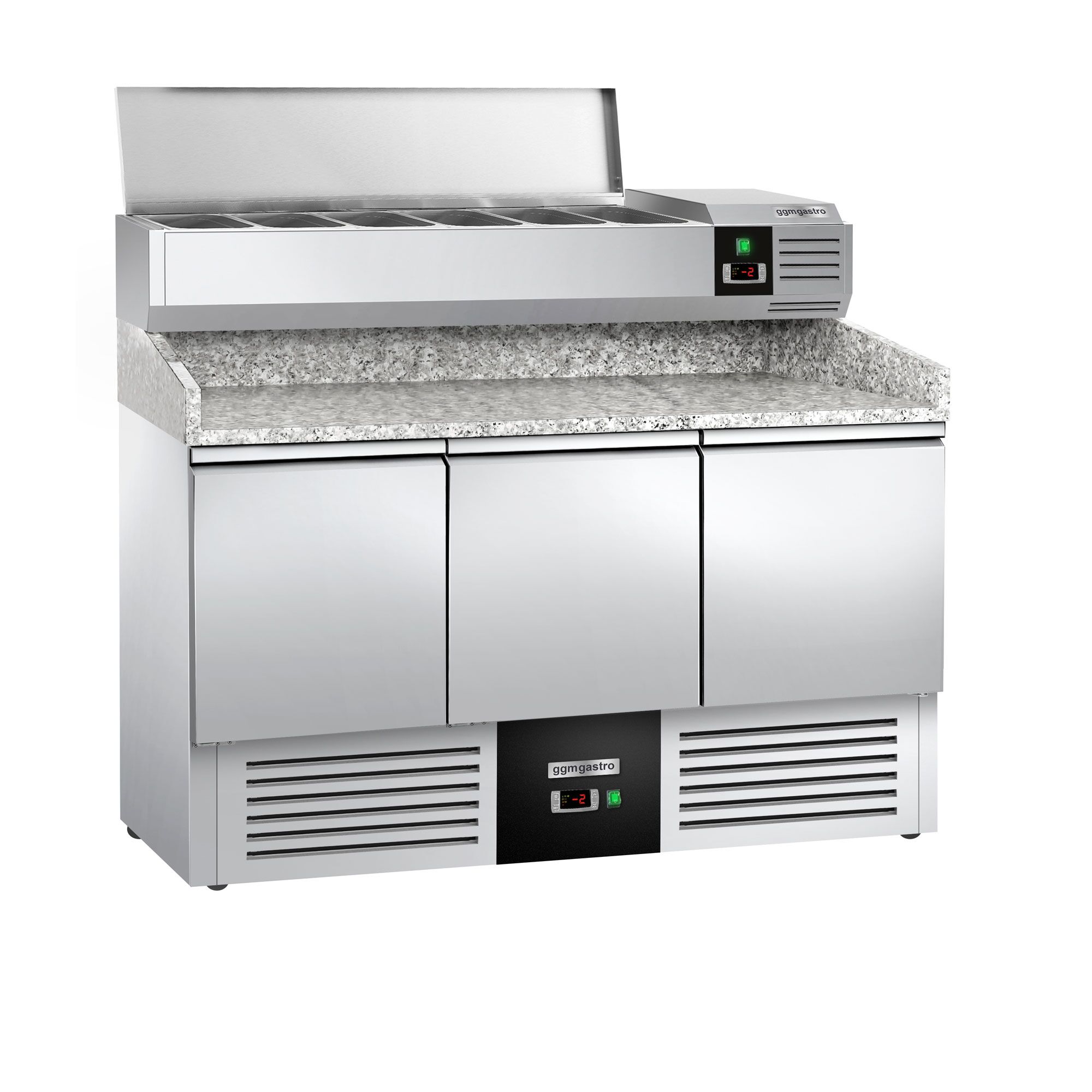 Banco pizza refrigerato PREMIUM - 1400x700mm - con 3 porte - piano in granito - con vetrina ingredienti refrigerata superiore - 6x GN 1/4
