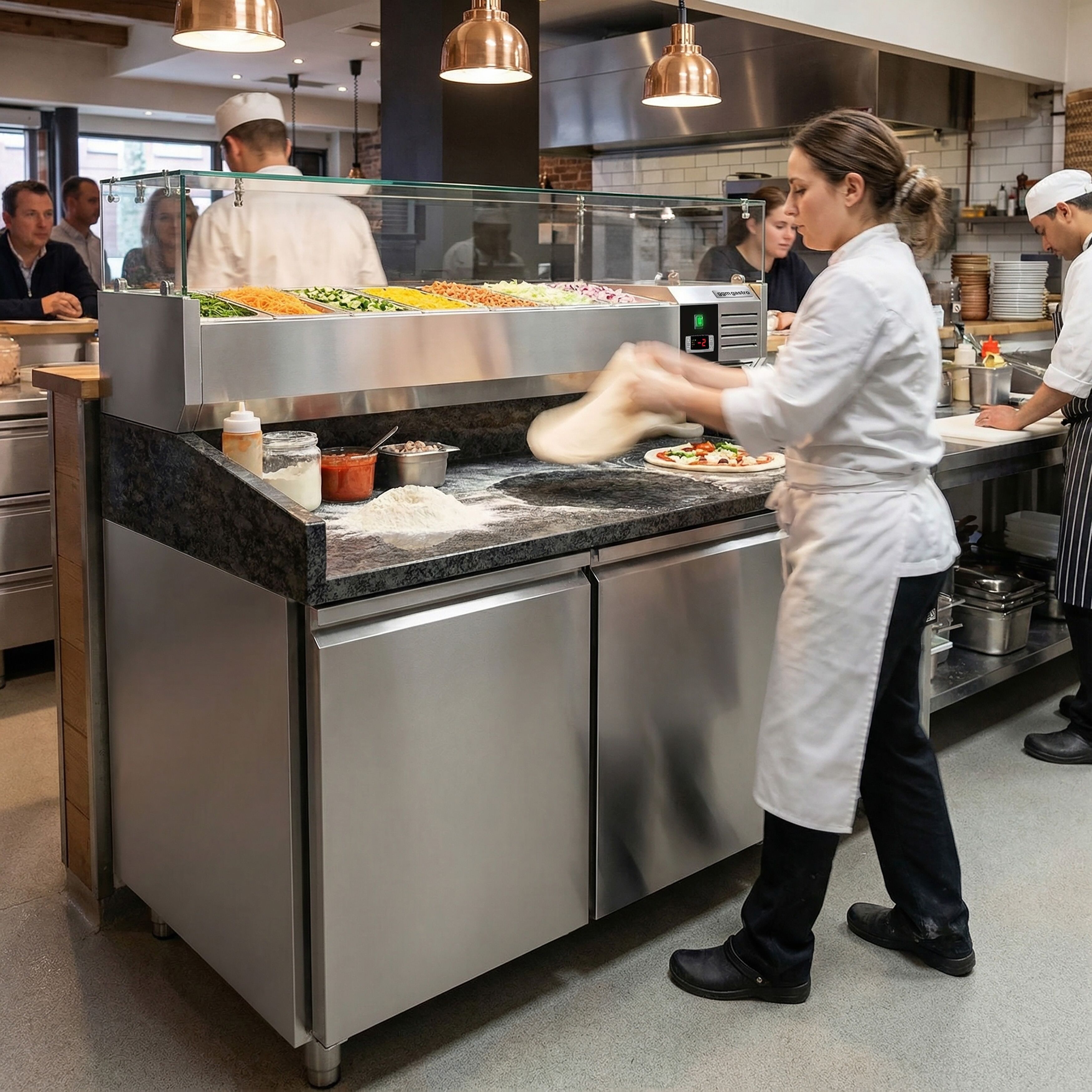 Table réfrigérée à pizza PREMIUM - 1500 x 800 mm - avec 2 portes - incl. vitrine réfrigérée - 7 x GN 1/4