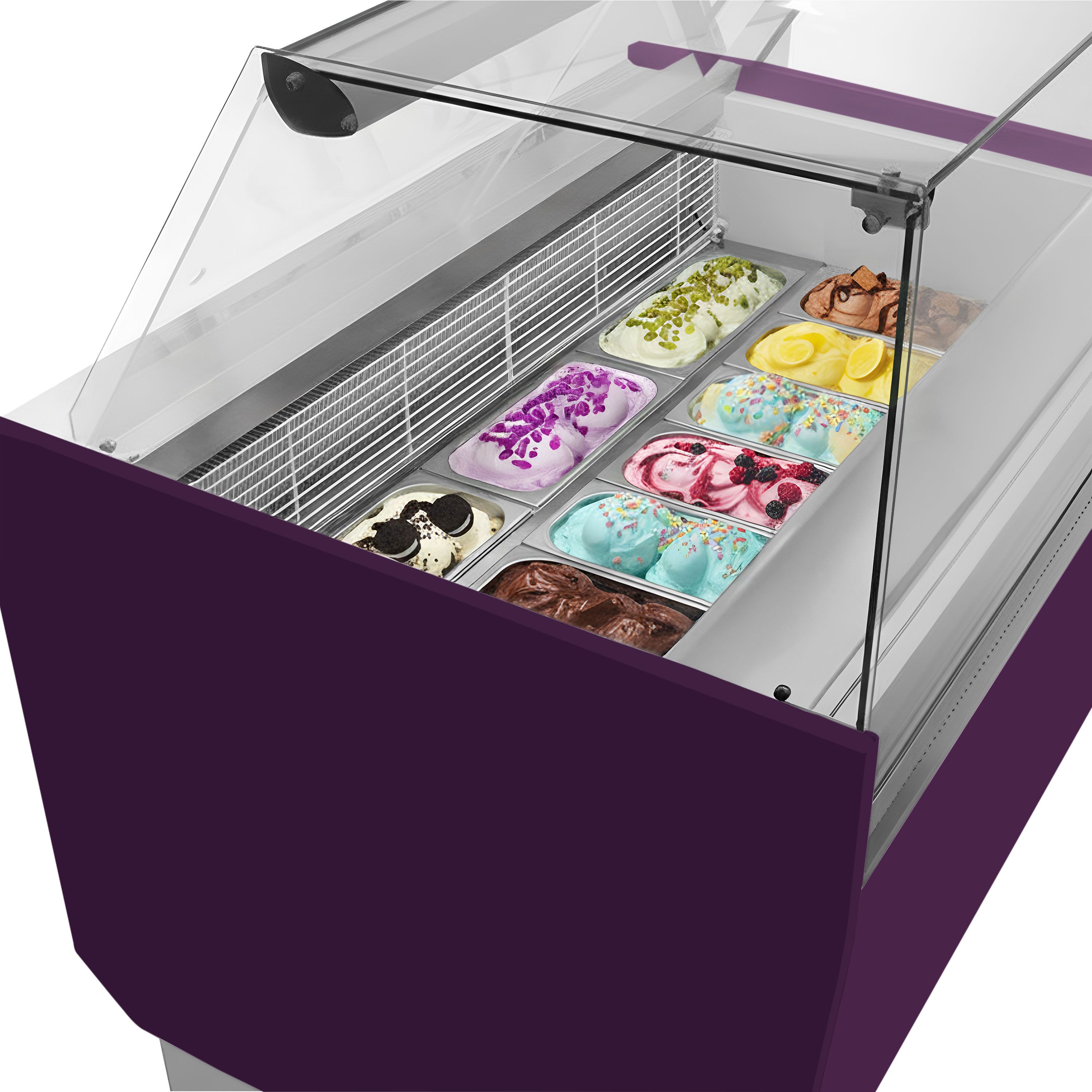 Vitrine à glace LIAM – 1310 mm – refroidissement statique – pour 10+10 bacs à glace de 5 litres – Violet