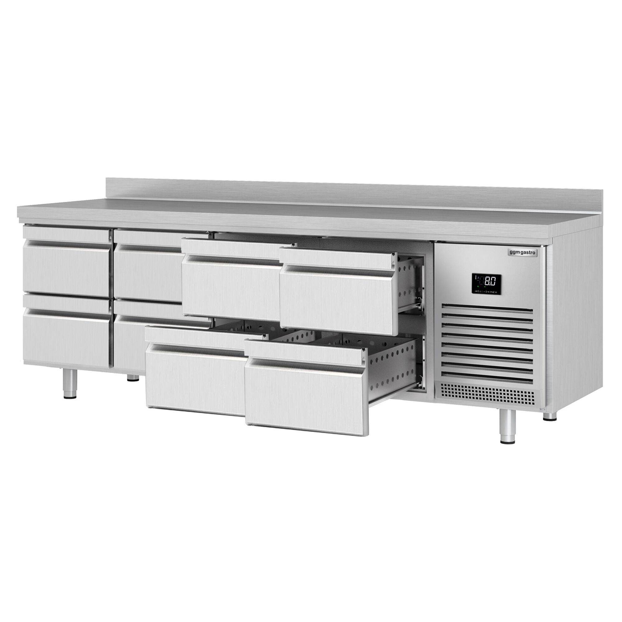 Table réfrigérée Premium PLUS - 2452 x 700 mm - 8 tiroirs - avec dosseret