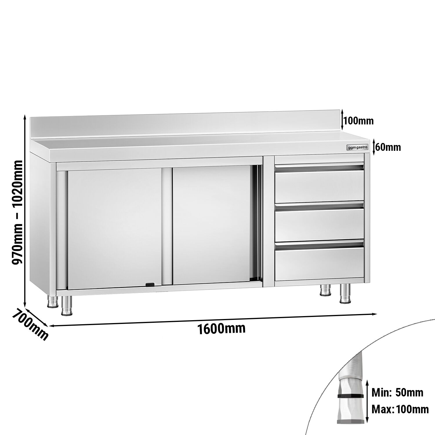 Table armoire en acier inoxydable PREMIUM - 1600x700mm - avec portes coulissantes et 3 tiroirs à droite - avec dosseret