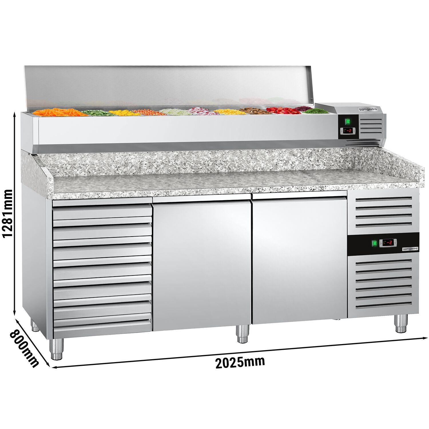 Table réfrigérée à pizza PREMIUM - 2000 x 800 mm - avec 2 portes et 7 tiroirs - incl. vitrine réfrigérée - 9 x GN 1/3