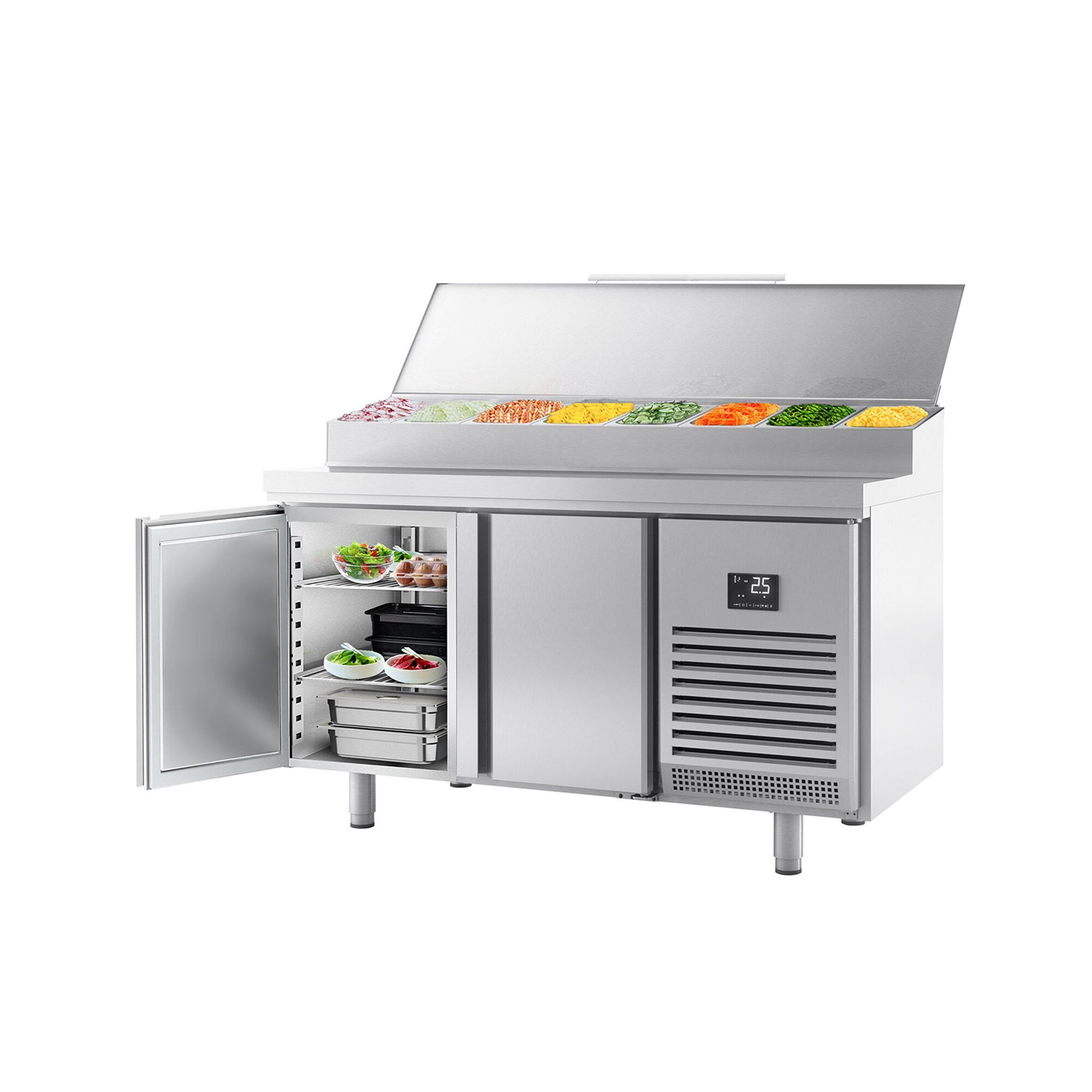 Table réfrigérée de préparation - 1468 x 600 mm - avec 2 portes - superstructure en inox 8x GN 1/4