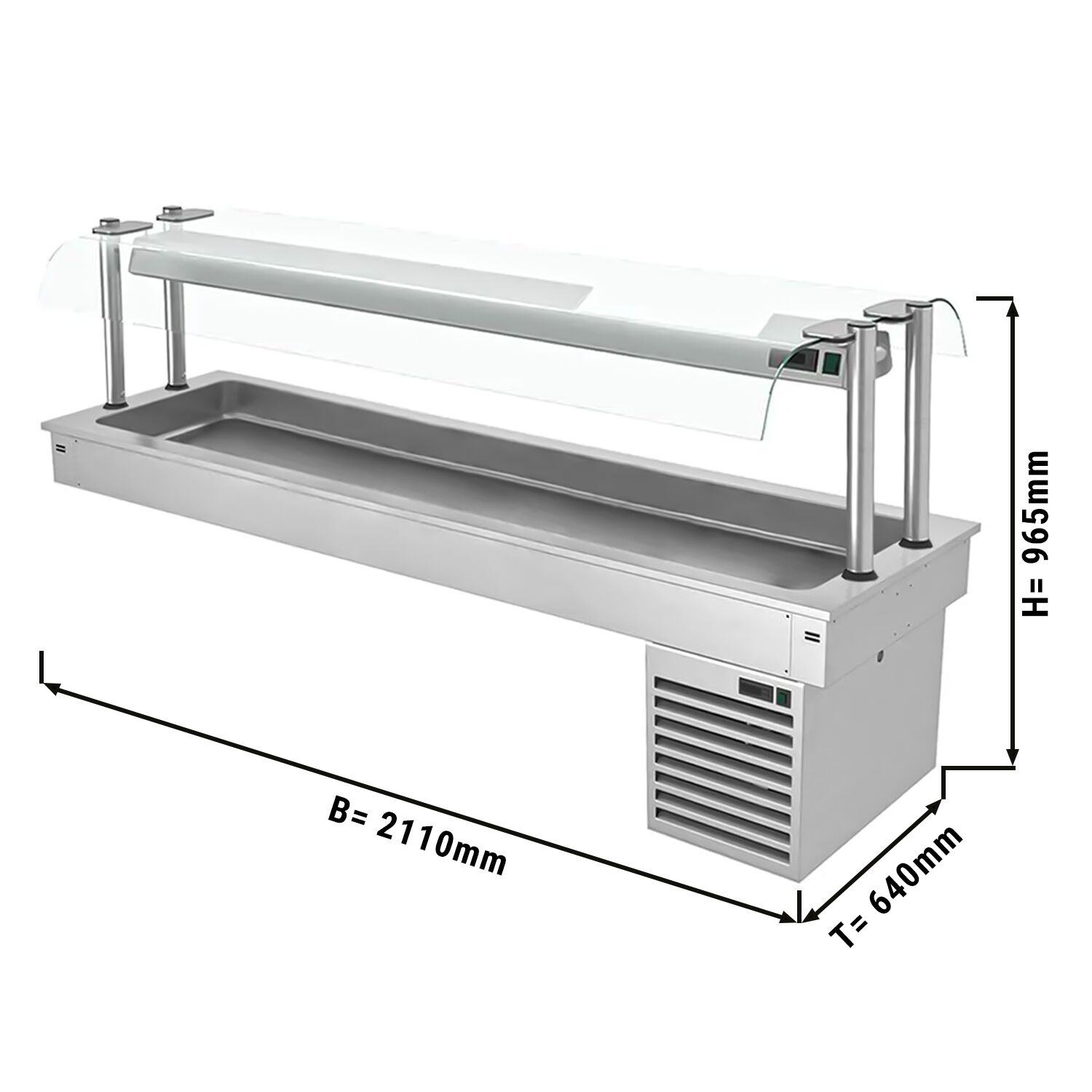 Commercial Drop-in Refrigerated Well - 2100mm - +2 to +8°C - 6x GN 1/1 - 410W - with Glass Sneeze Guard