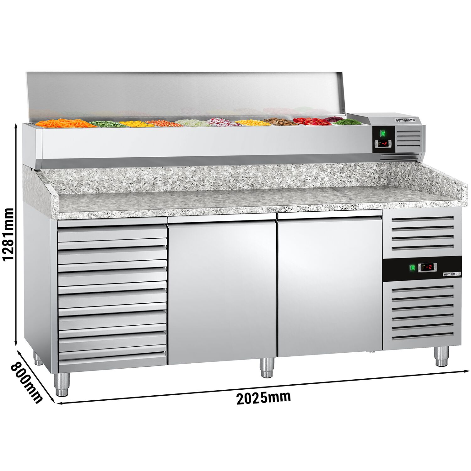 Table réfrigérée à pizza PREMIUM - 2000 x 800 mm - avec 2 portes et 7 tiroirs - incl. vitrine réfrigérée - 10 x GN 1/4