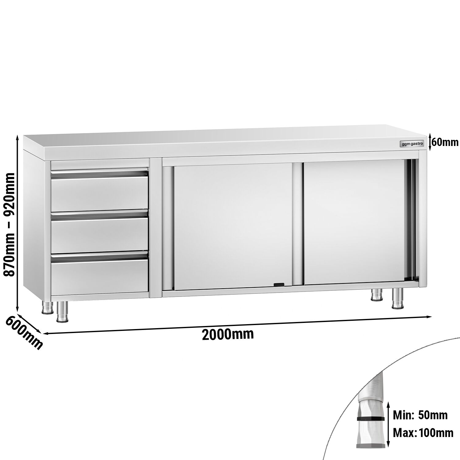 Table armoire en acier inoxydable PREMIUM - 2000x600mm - avec 3 tiroirs à gauche et portes coulissantes et étagère basse