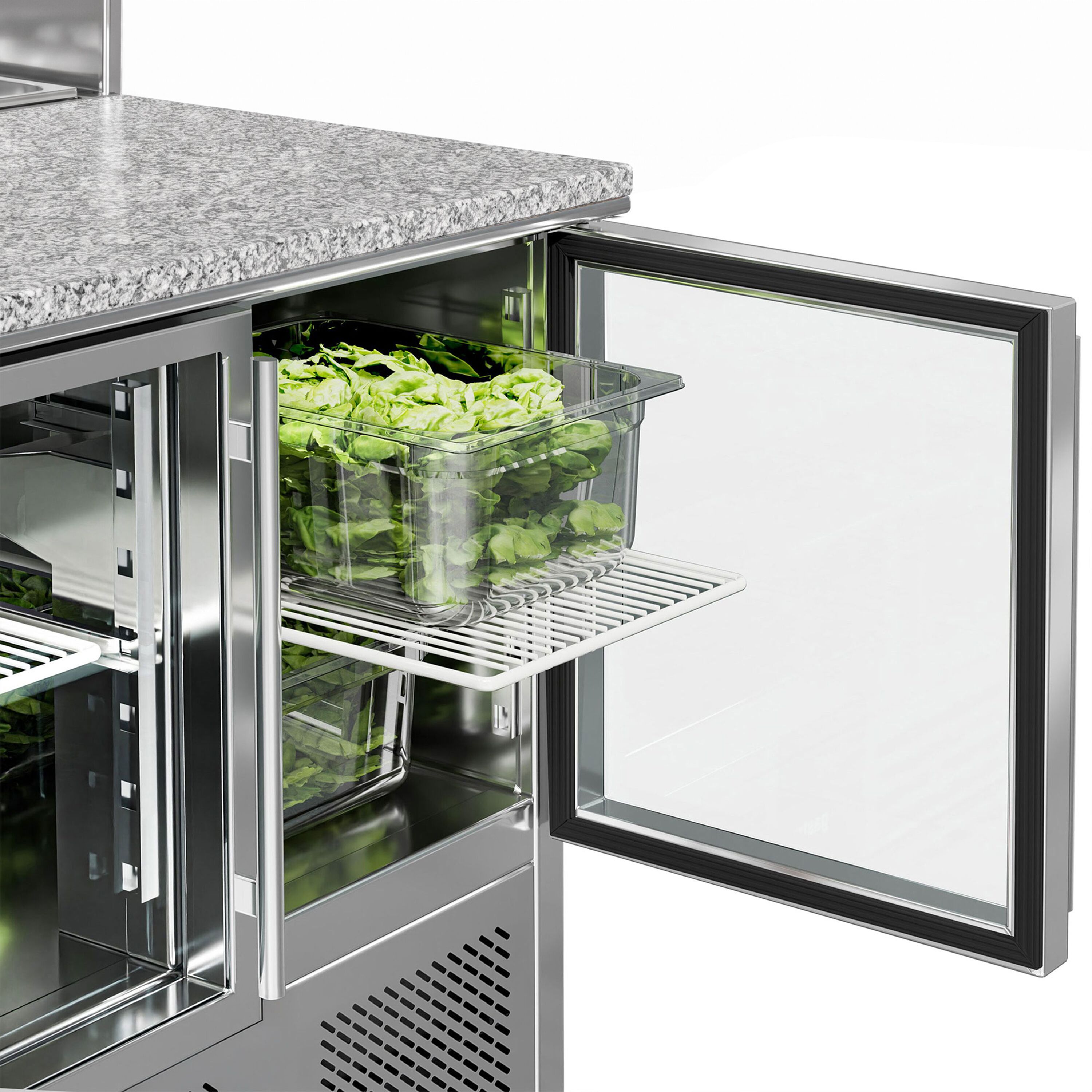 Saladette réfrigérée ECO - 903mm - 2 portes vitrées - pour 5x GN 1/6 & Couvercle inox - plan de travail en granit noir - 240L