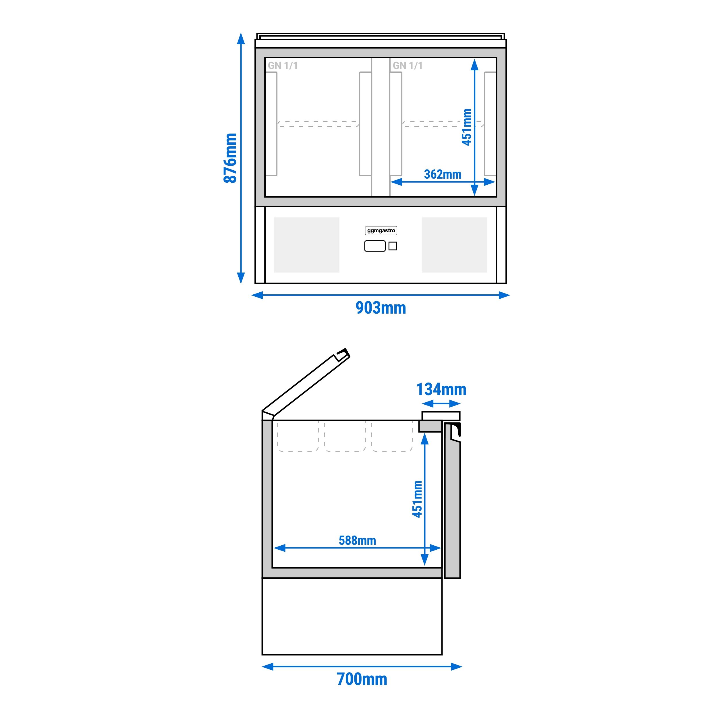 Saladette réfrigérée PREMIUM - 903mm - 240L - 2 portes vitrées - avec découpe pour 2x GN 1/1 & 3x GN 1/6 & Couvercle inox - plan de travail en granit noir
