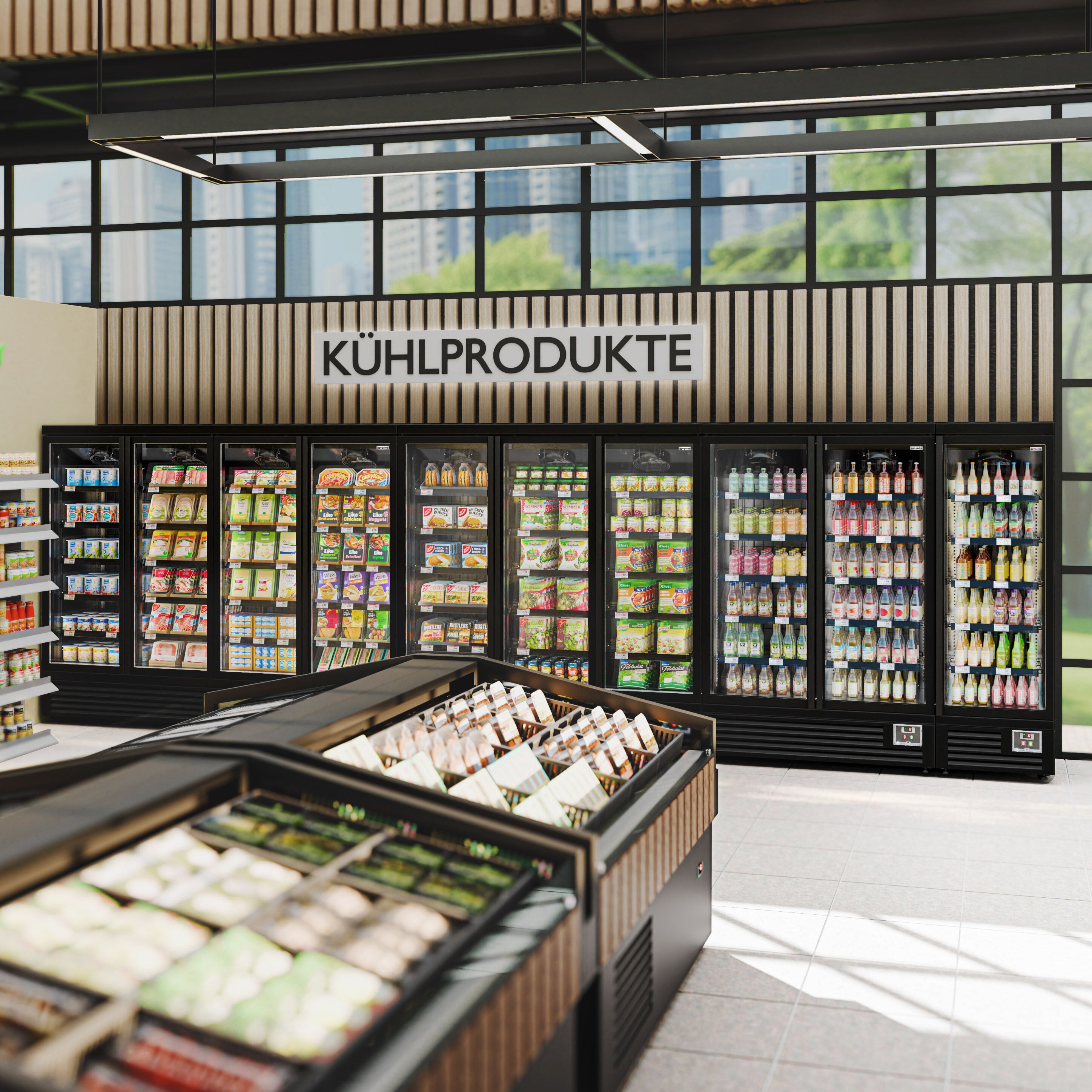 Commercial multideck display fridge - 1890mm - 1539L - with 3 double‑glazed hinged glass doors & 5 shelves - Black