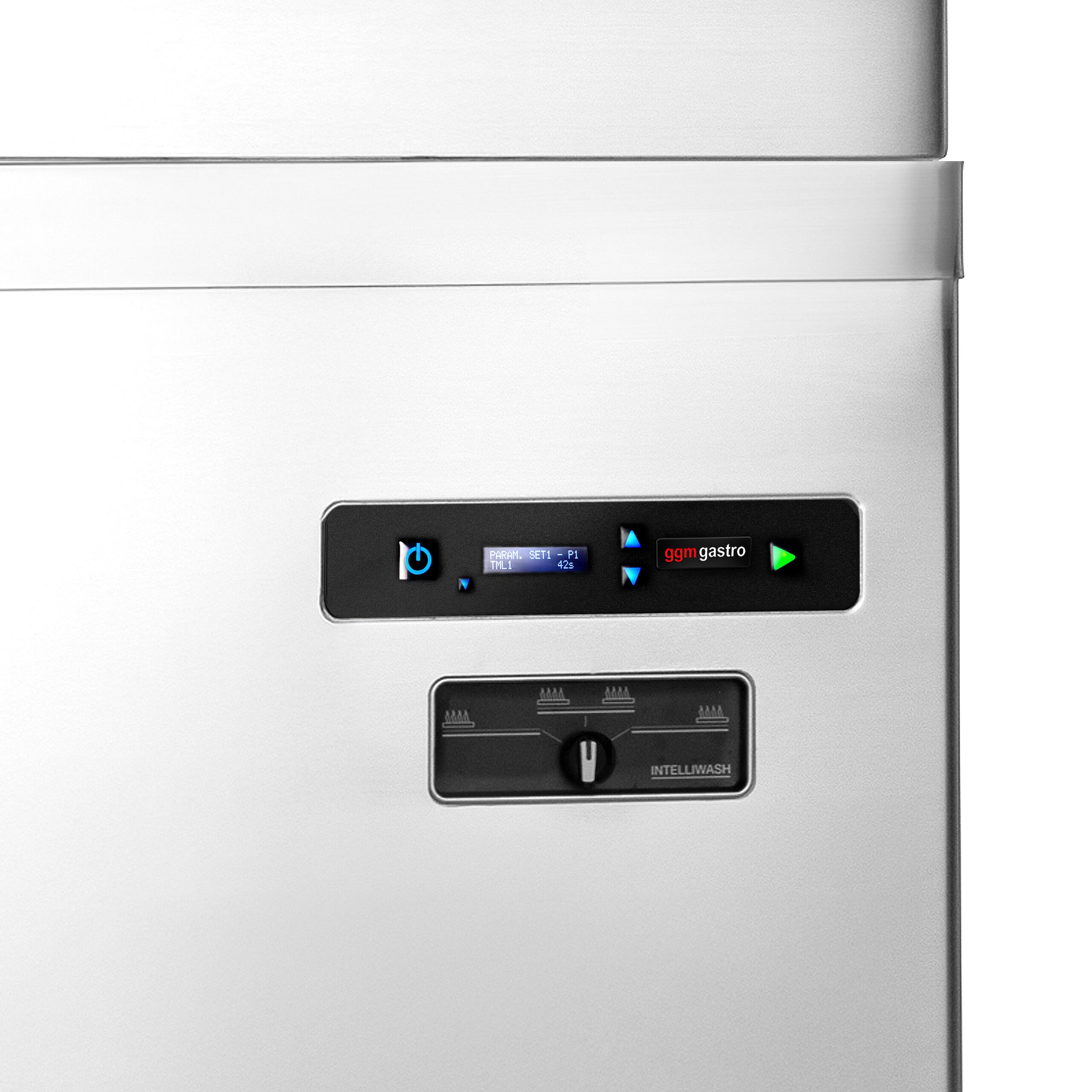 Lave-vaisselle à capot double paroi avec double panier traversant – Numérique – 22,2 kW – avec adoucisseur inclus – avec pompe de détergent, de rinçage et de vidange