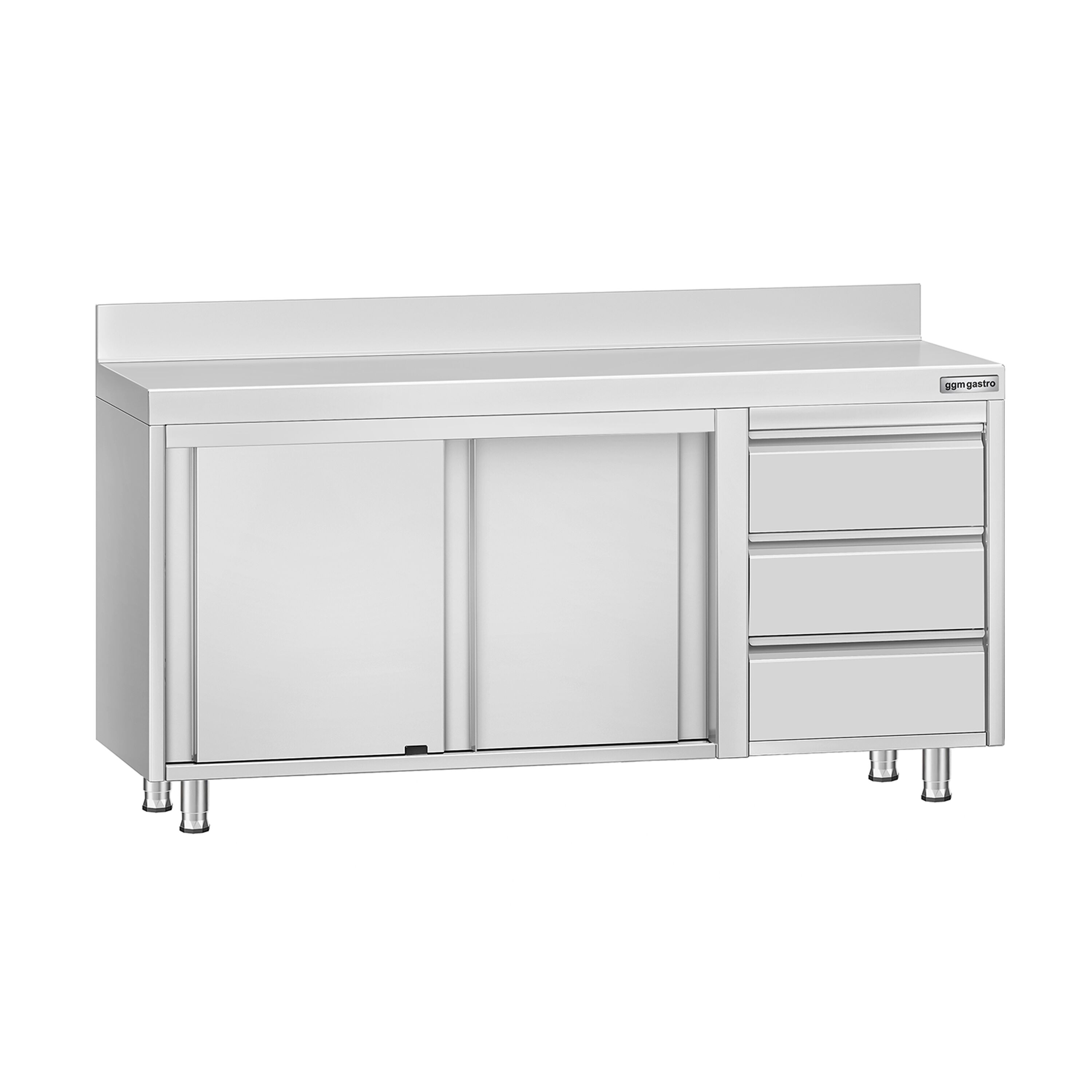 Table armoire en acier inoxydable ECO - 1600x600mm - avec 3 tiroirs à droite et portes coulissantes - avec dosseret
