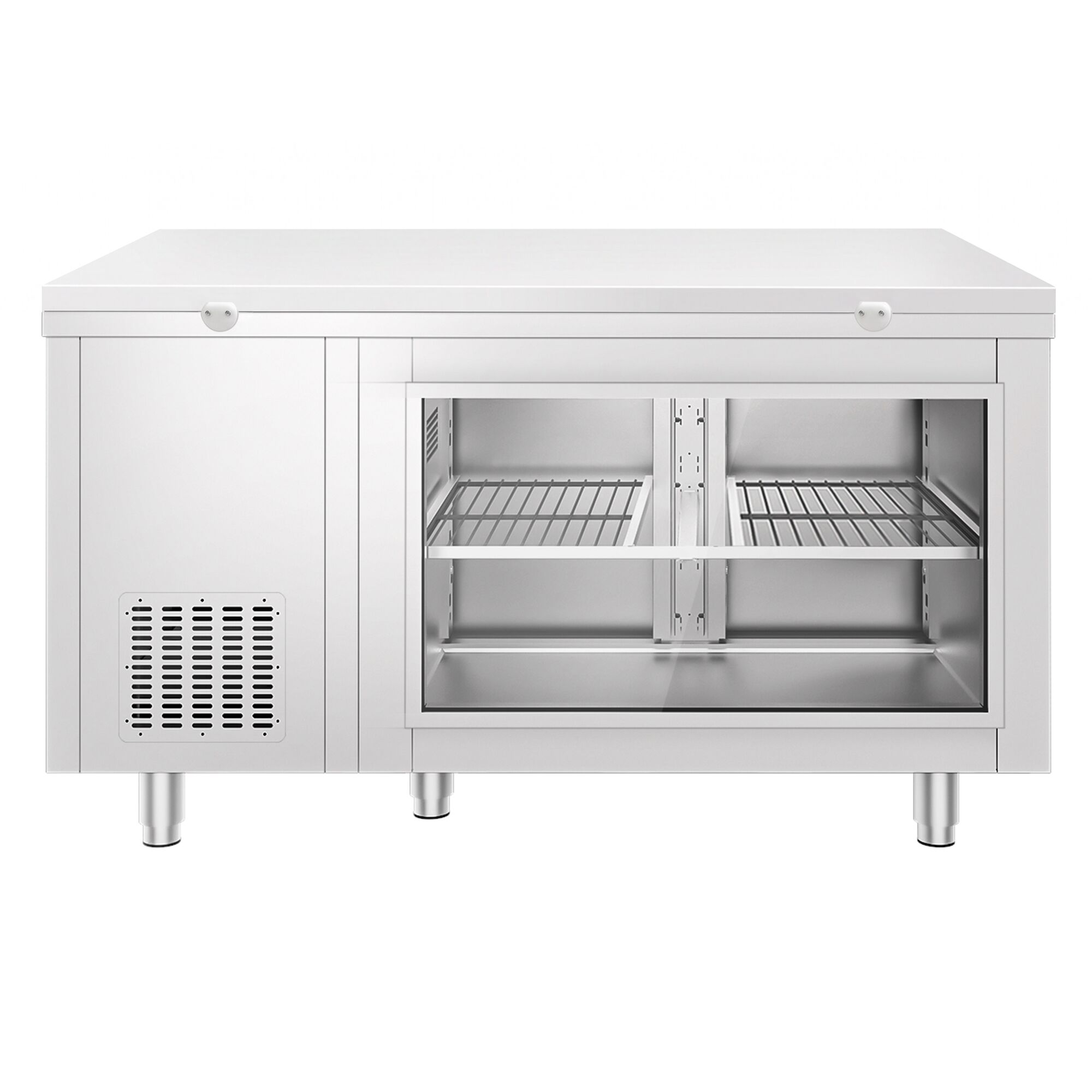 Refrigerated Counter – 1400 × 700 mm – Rear Side with 2 Doors – Glass Front – incl. White Cutting Board
