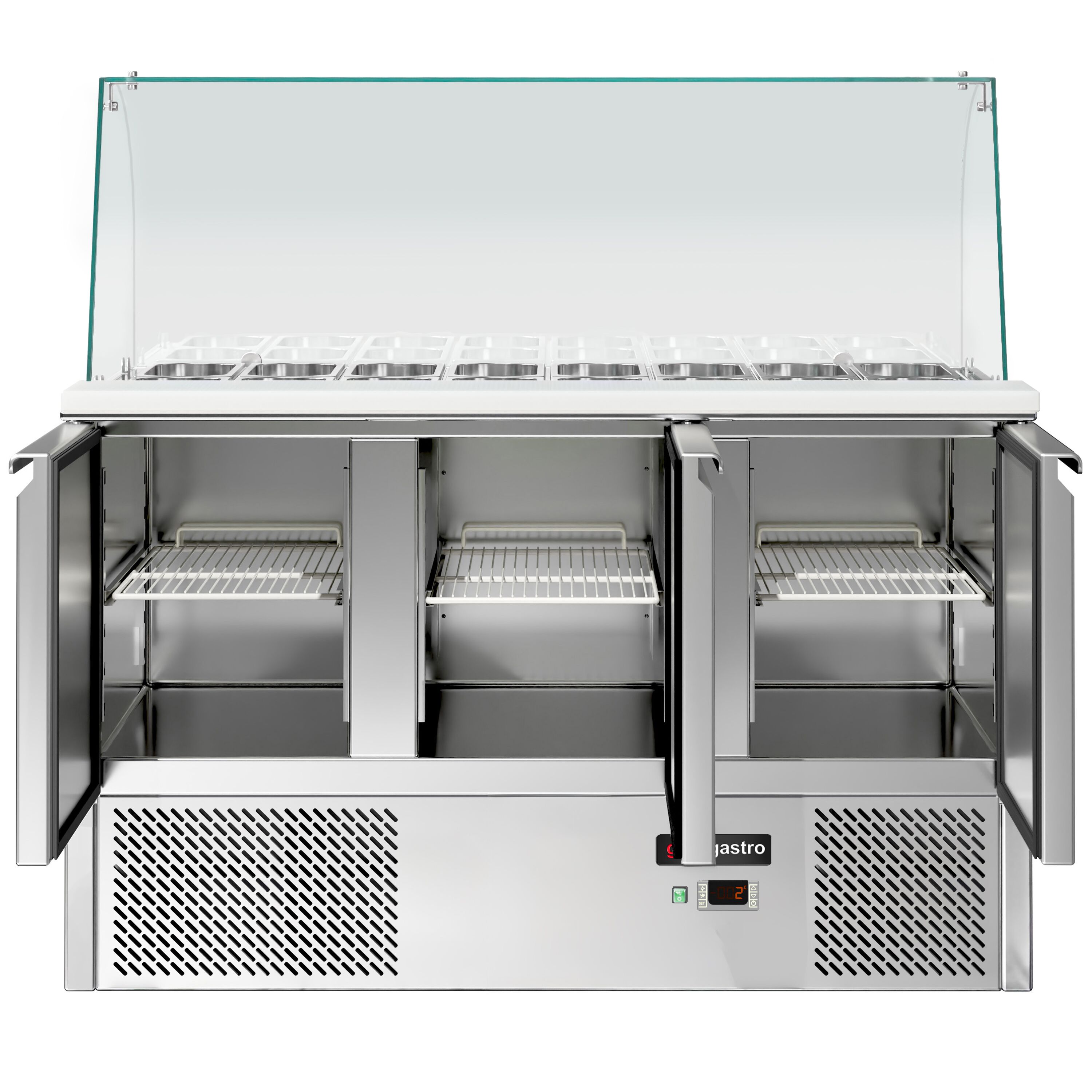 Saladette réfrigérée ECO - 1368mm - 368L - 3 portes - avec vitrine de comptoir pour 4x GN 1/1