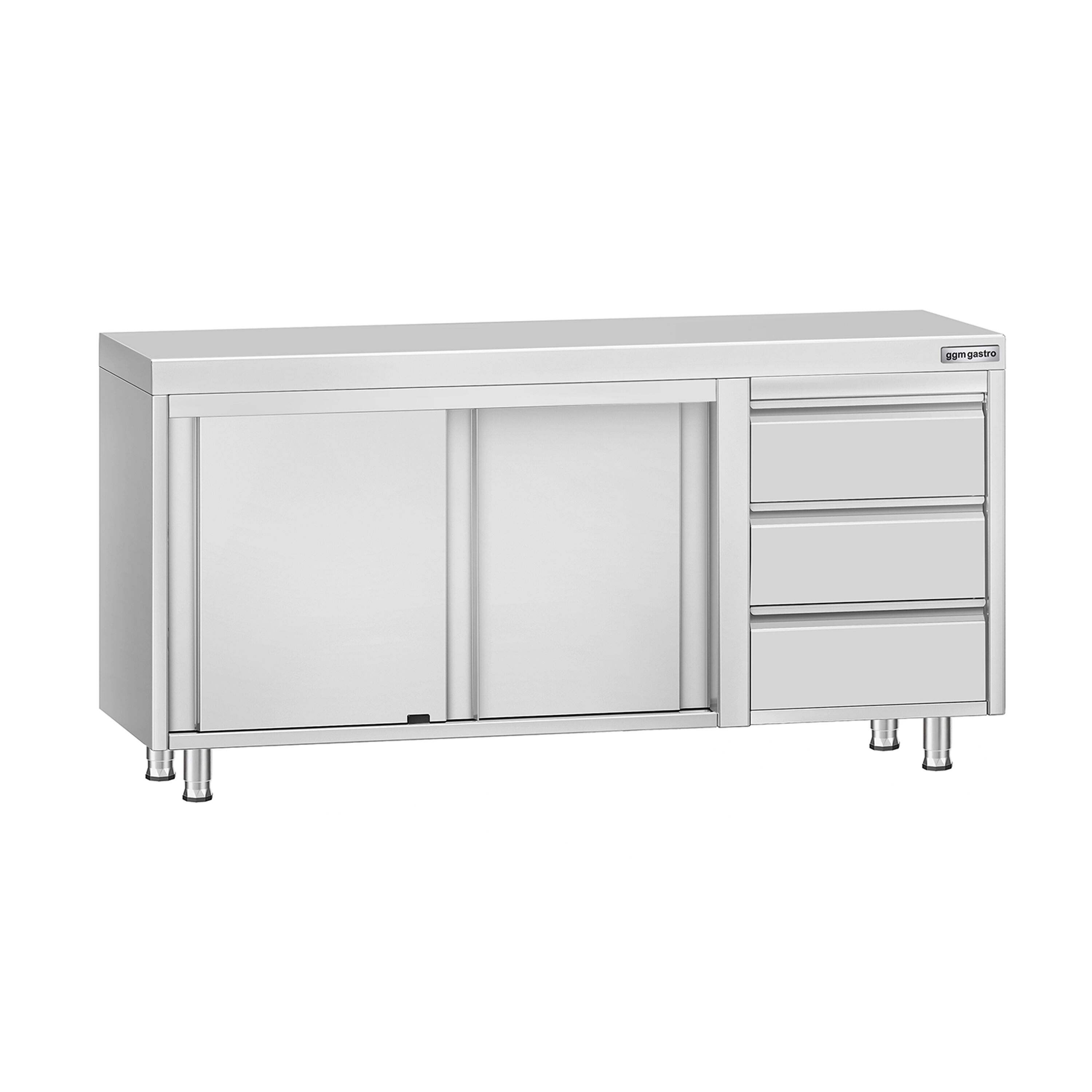 Table armoire en acier inoxydable ECO - 1600x700mm - avec portes coulissantes et 3 tiroirs à droite