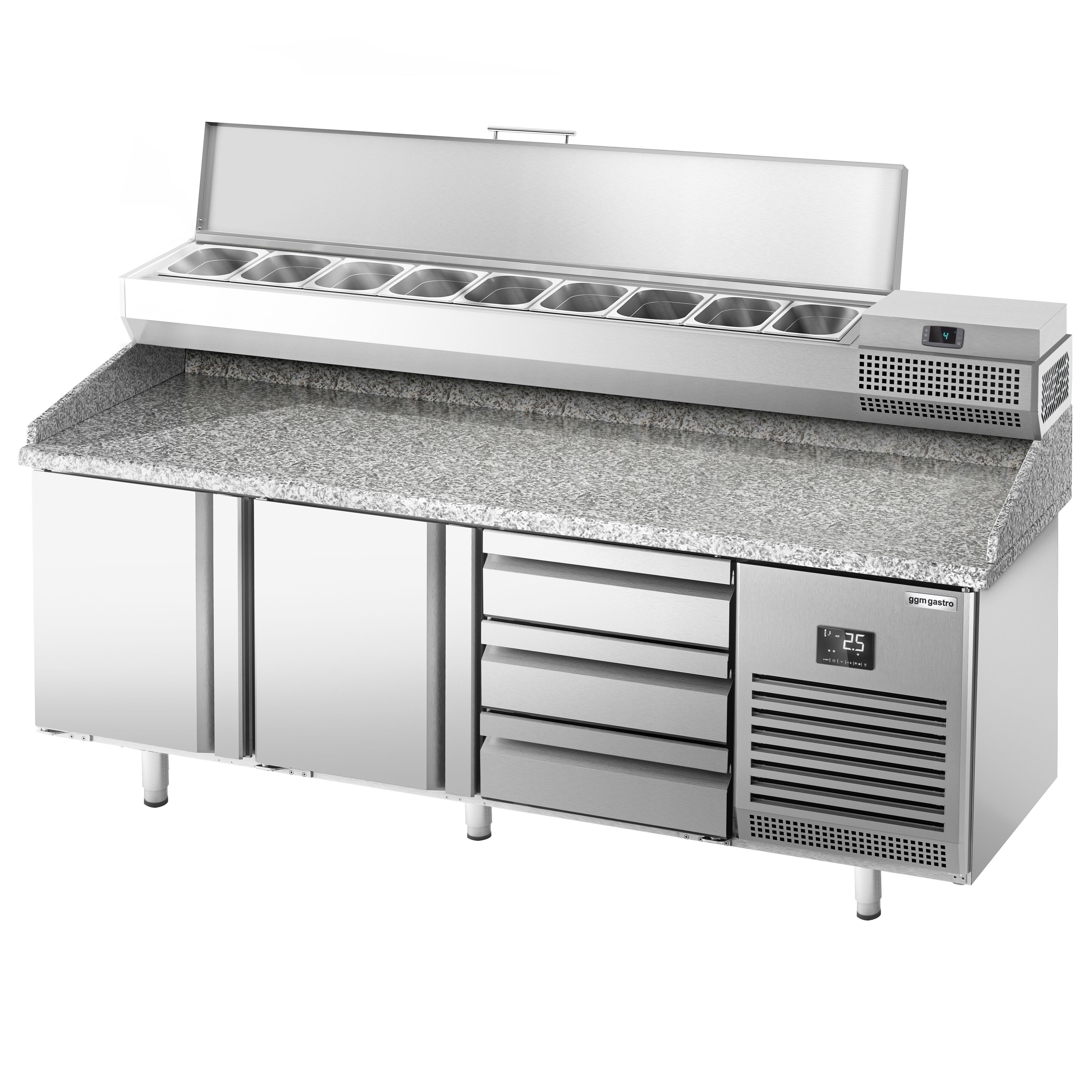 Table réfrigérée à pizza Premium PLUS - 1980x700 mm - avec 2 portes & 3 tiroirs - incl. vitrine réfrigérée - 9x GN 1/4