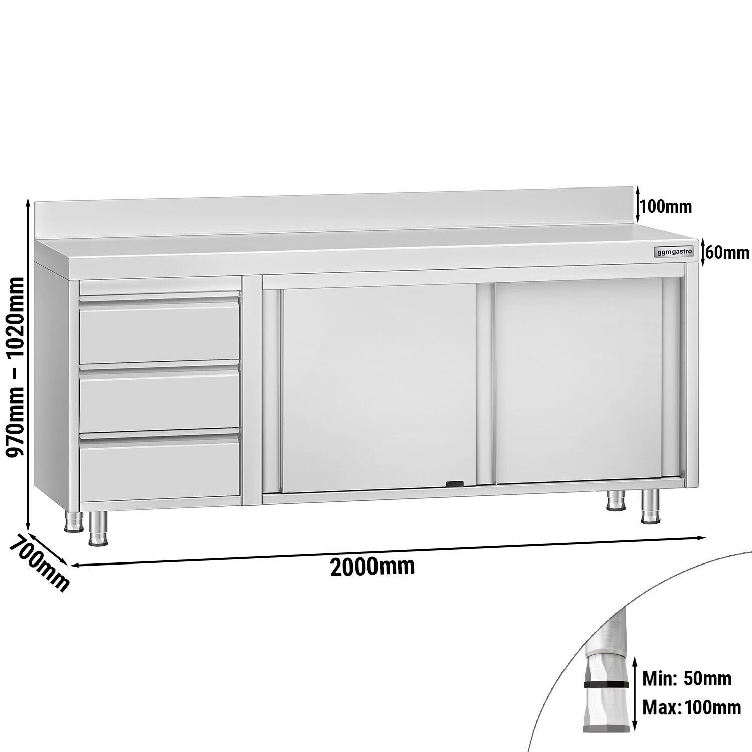 Table armoire en acier inoxydable ECO - 2000x700mm - avec 3 tiroirs à gauche et portes coulissantes - avec dosseret