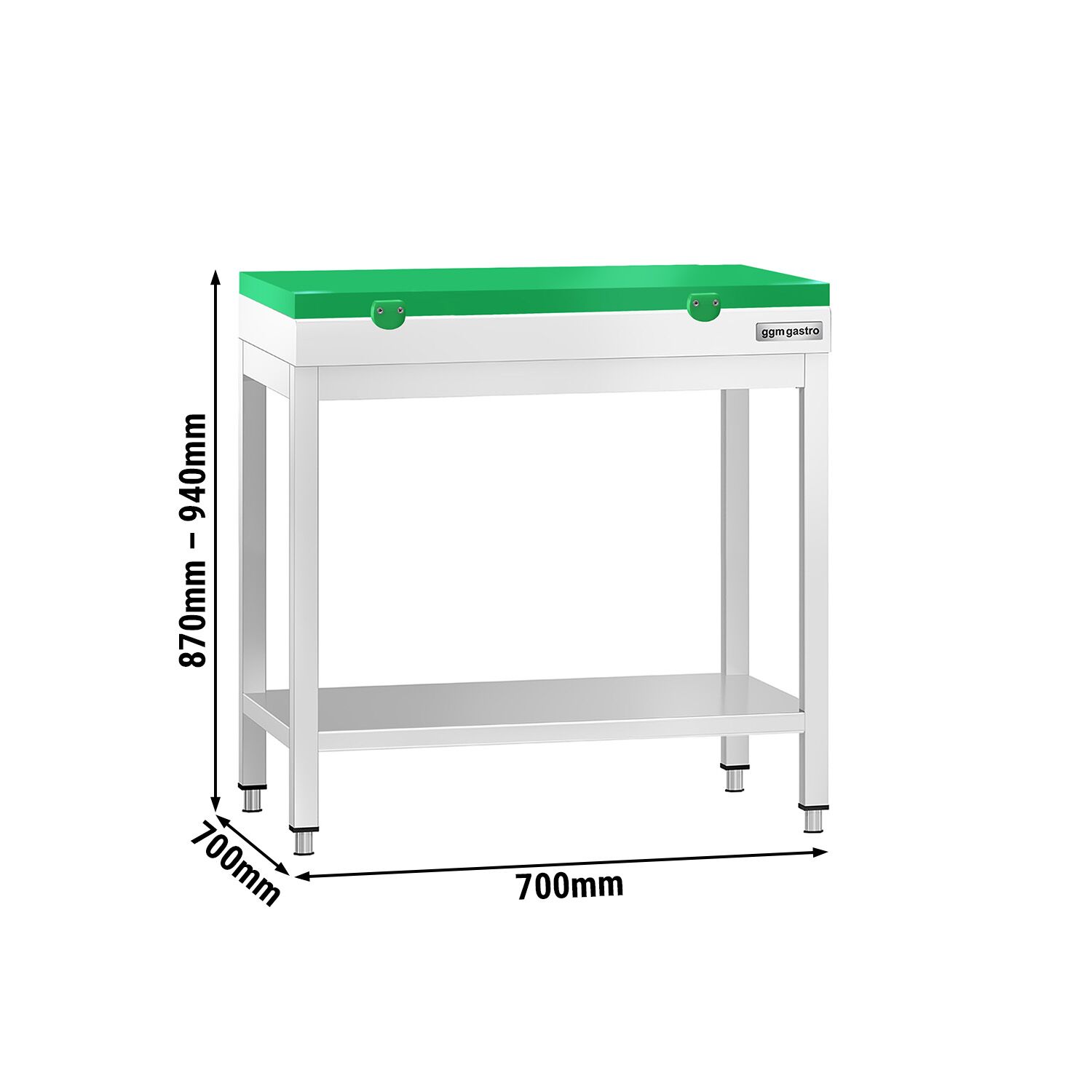 Stół roboczy centralny ze stali nierdzewnej PREMIUM - 700x700mm - z półką - z deską do krojenia Zielony