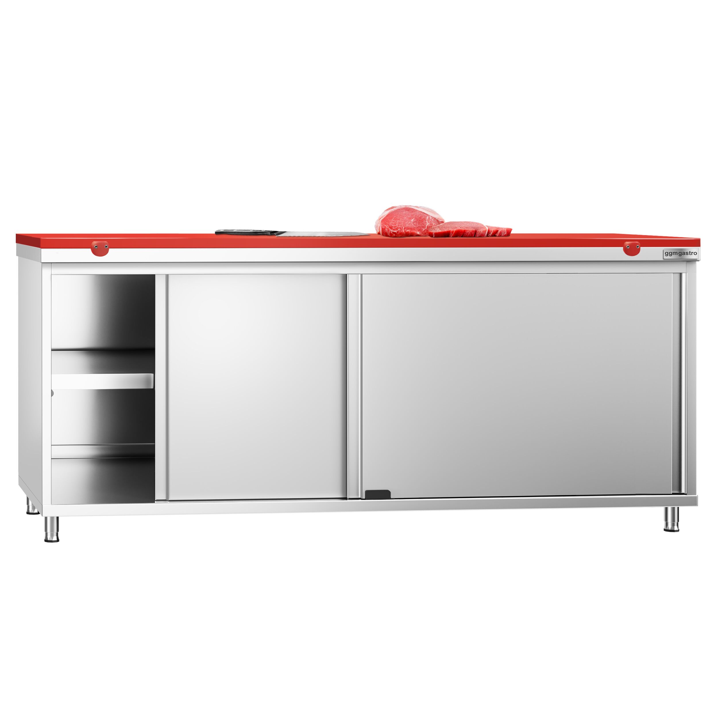 Table armoire en acier inoxydable PREMIUM - 2000x600mm - avec portes coulissantes - pour viande crue - incl. plateau de découpe Rouge PEHD (HACCP)