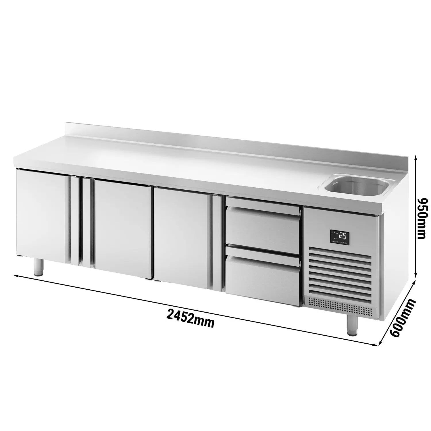 Table réfrigérée Premium PLUS - 2452 x 600 mm - avec 1 bac, 3 portes, 2 tiroirs - dosseret