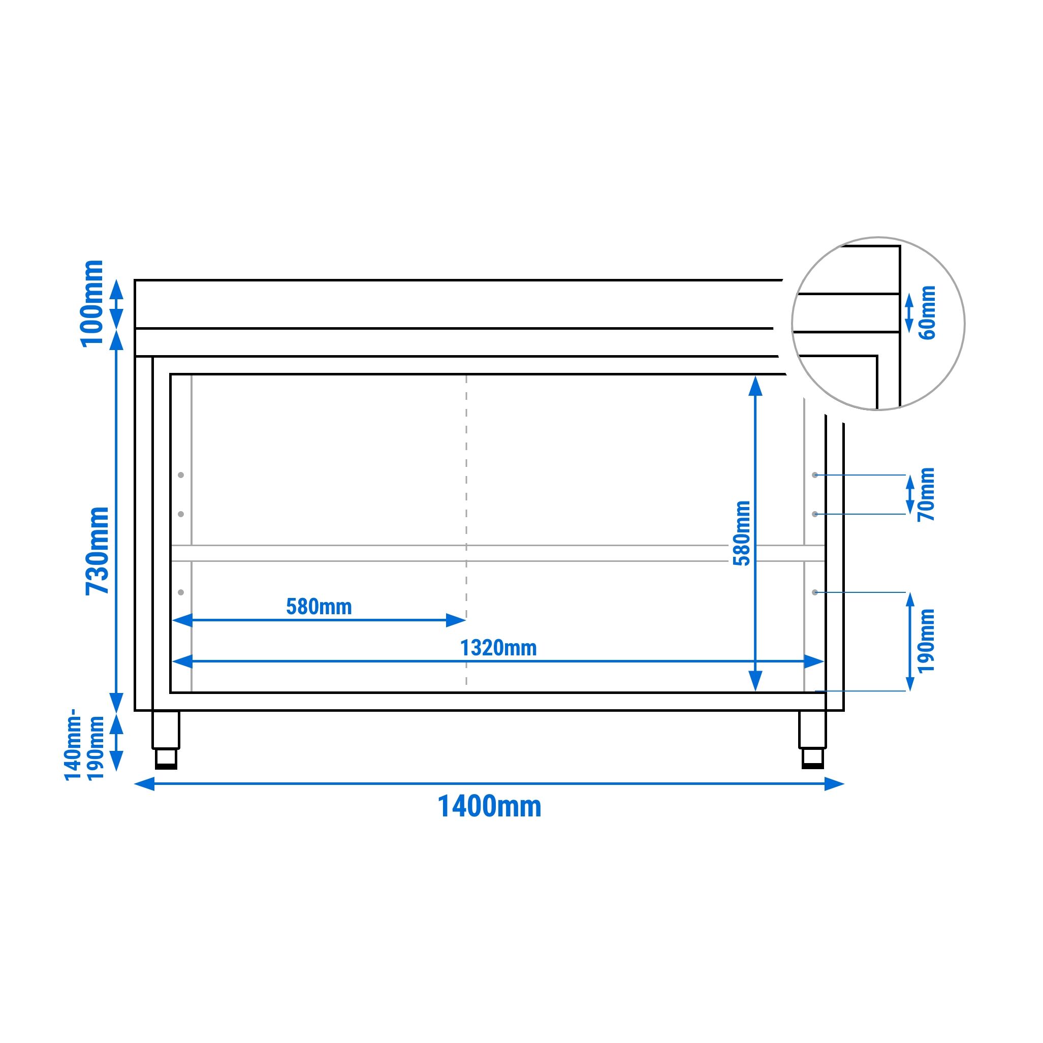Table armoire en acier inoxydable PREMIUM - 1400x600mm - avec portes coulissantes - avec dosseret