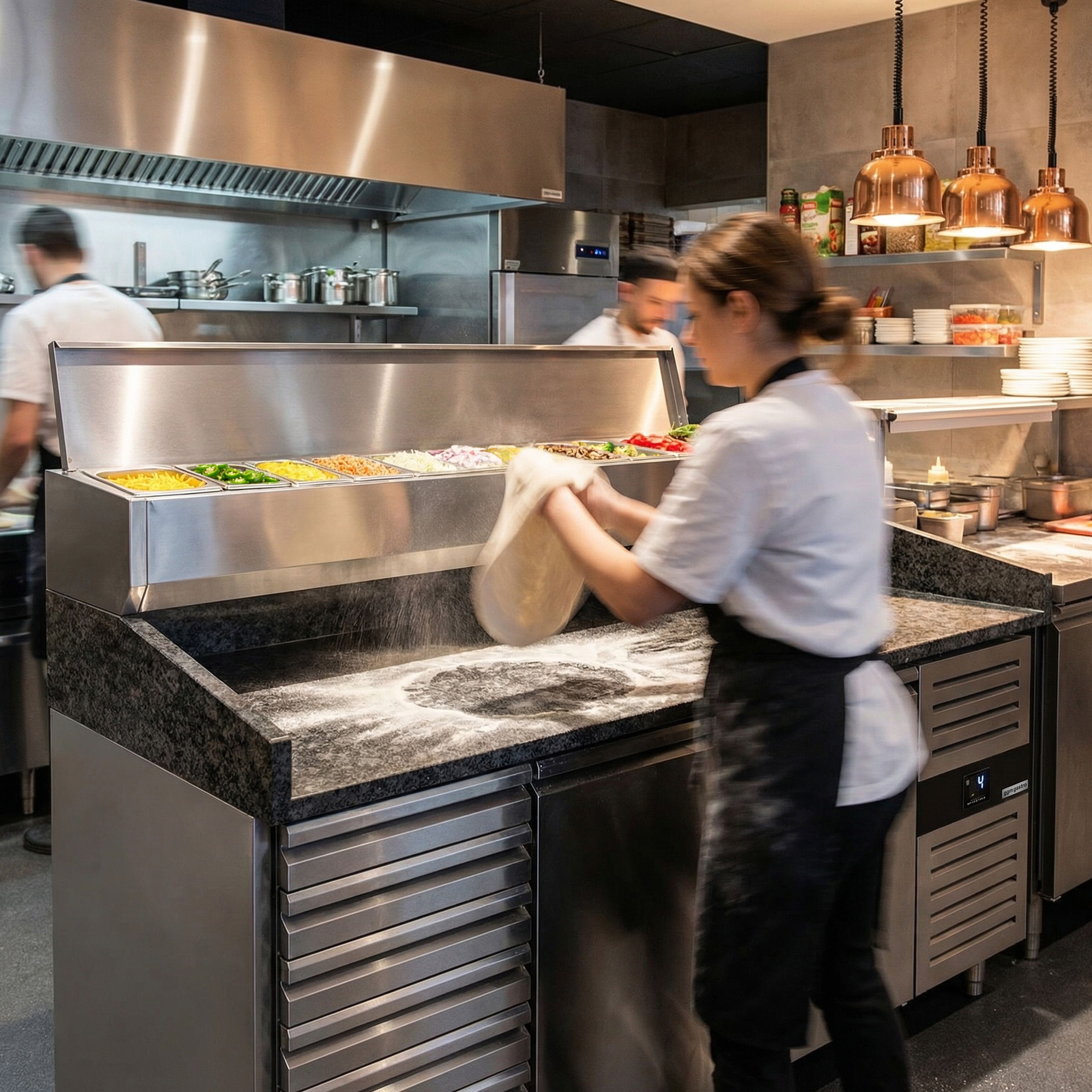Table réfrigérée à pizza PREMIUM - 2000x800 mm - avec 2 portes & 7 tiroirs - incl. vitrine réfrigérée - 10x GN 1/4