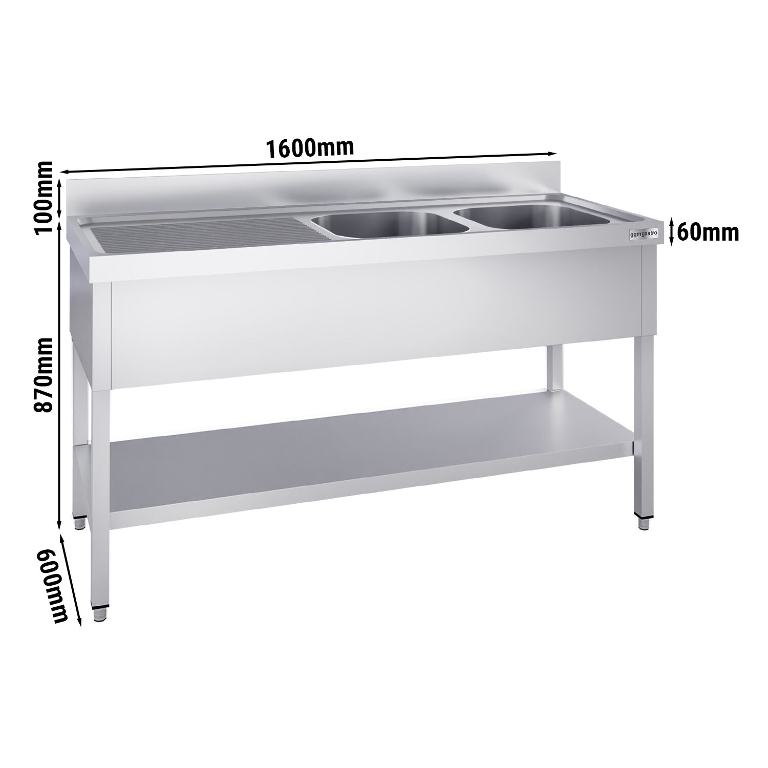 Plonge en inox PREMIUM - 1600x600mm - avec étagère basse - 2 bacs à droite