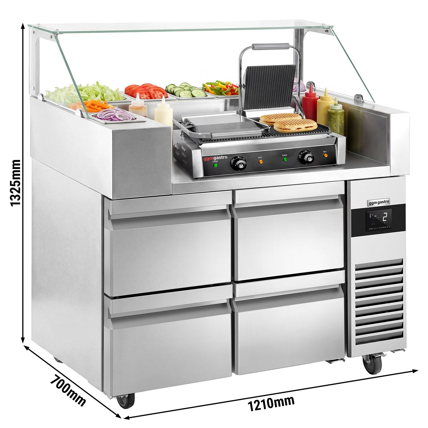 Table de préparation – 1210 mm – 4 tiroirs – pour 9 bacs GN 1/6 – incl. grill de contact