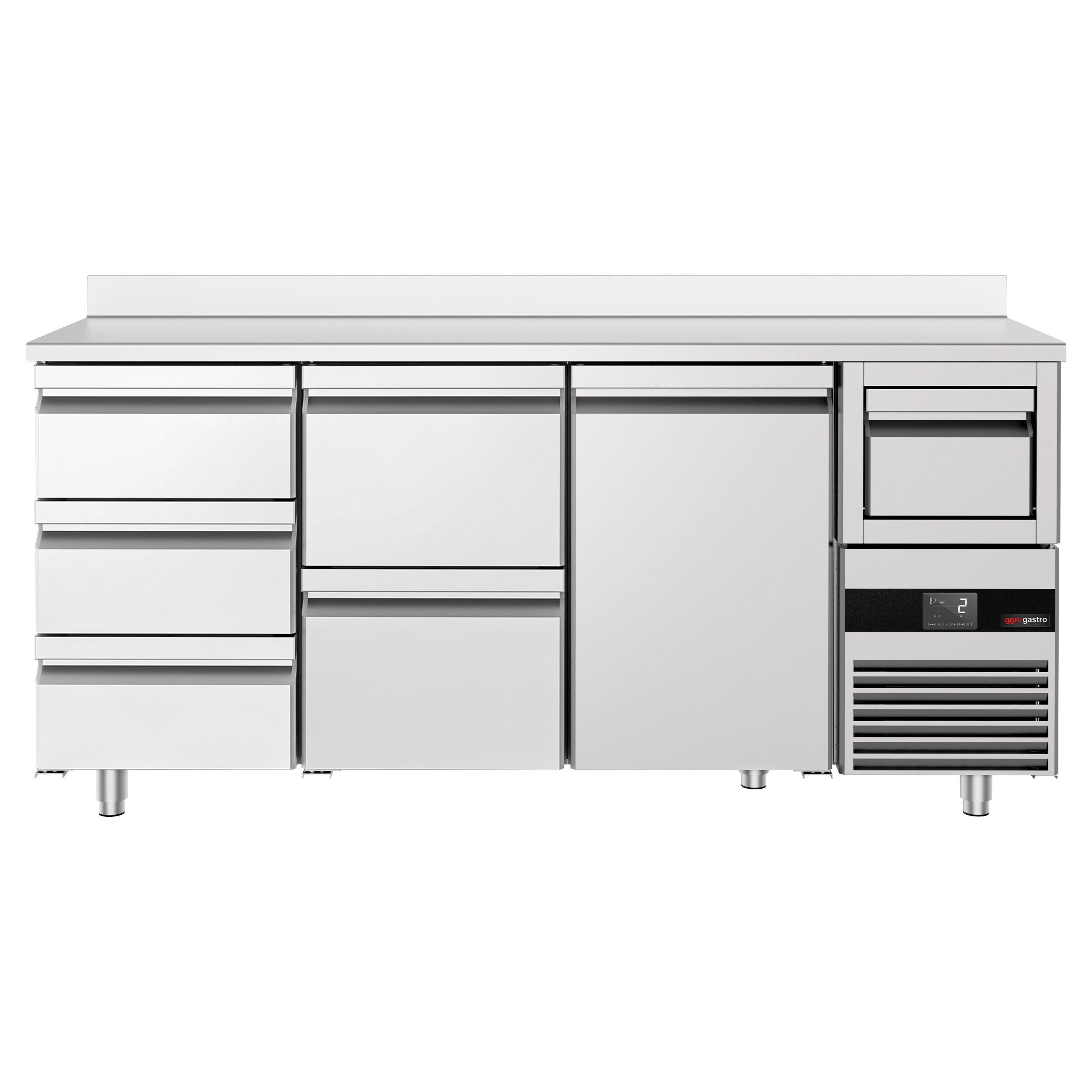 Arrière-bar réfrigéré professionnel PREMIUM - 2130 x 600 mm - avec 1 porte et 5 tiroirs - avec dosseret - avec tiroir à marc de café