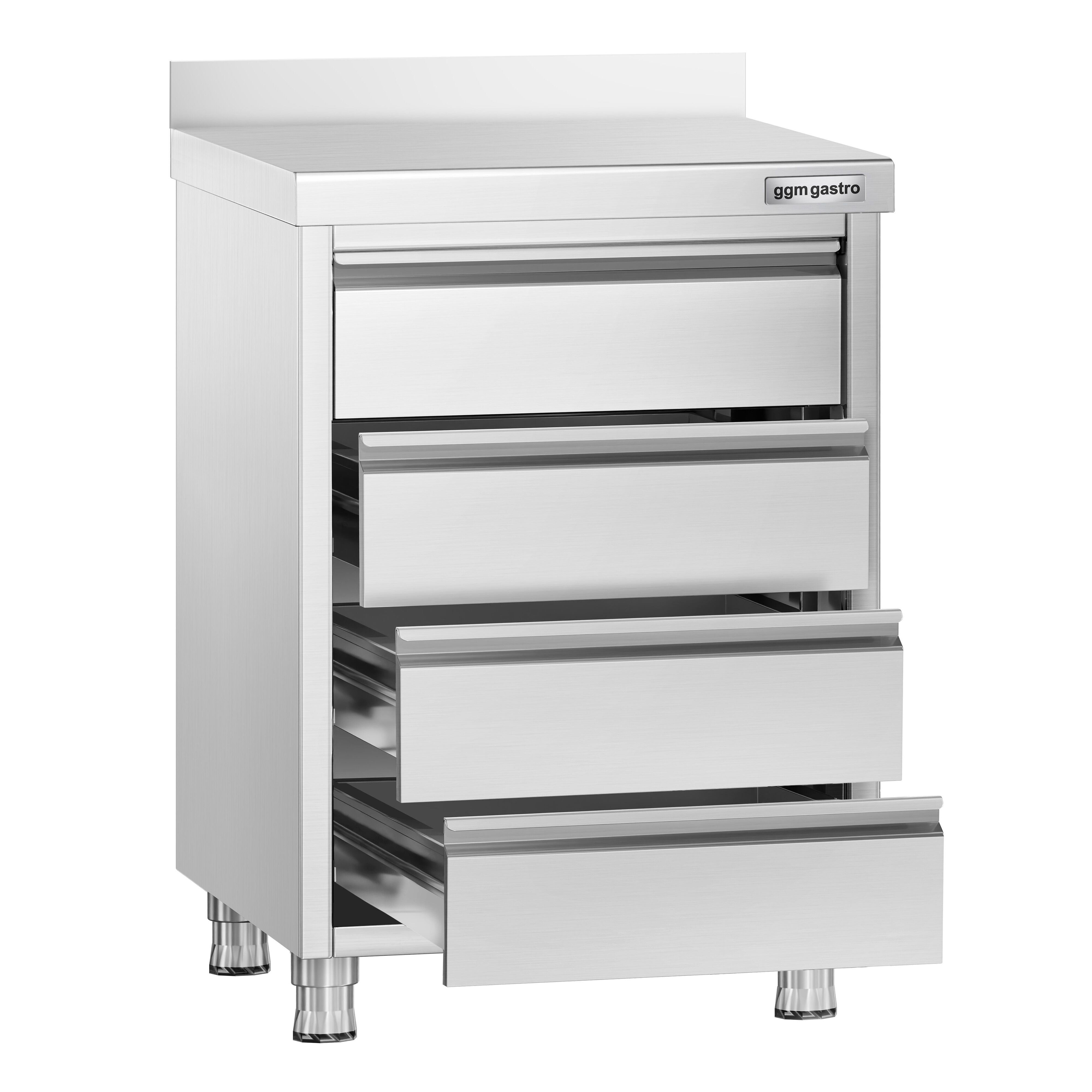 Meuble bas à tiroirs PREMIUM - Acier inoxydable - avec 4 tiroirs & dosseret 100mm - 500x600mm