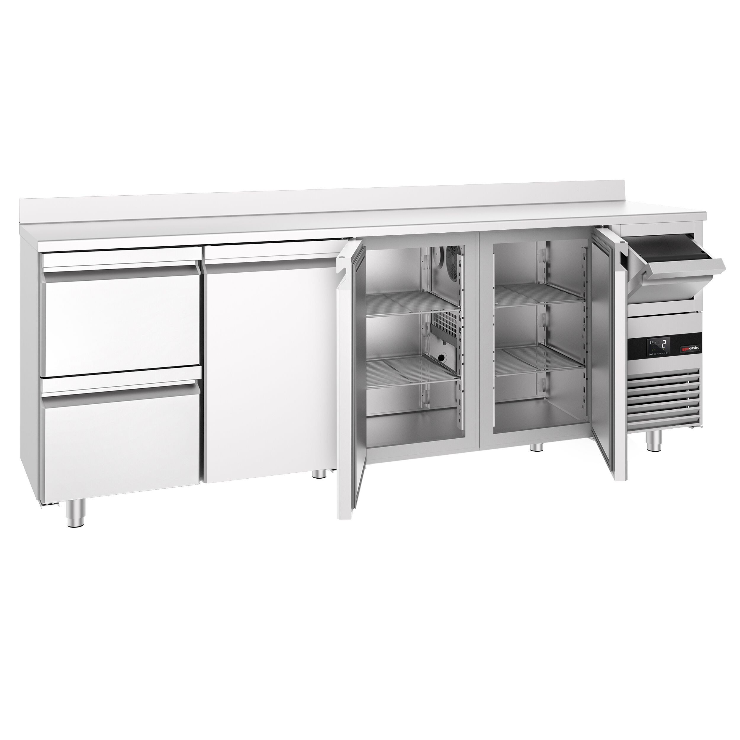 Arrière-bar réfrigéré professionnel  PREMIUM - 2690 x 600 mm - avec 3 portes et 2 tiroirs - avec dosseret - avec tiroir à marc de café