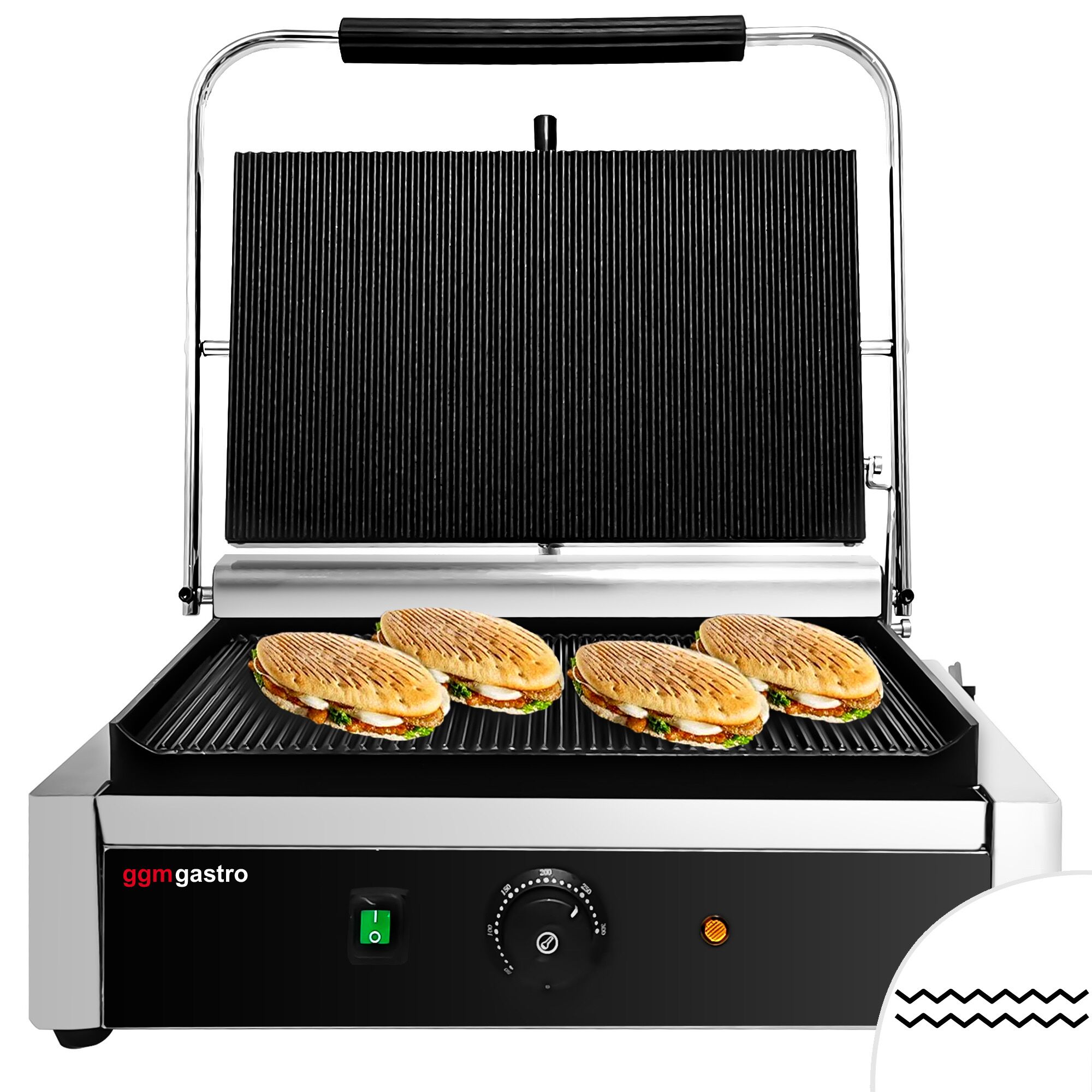 Presse à Panini / Gril de contact - 2,6kW -  Plaques rainurées - Surface de cuisson : 400x225mm