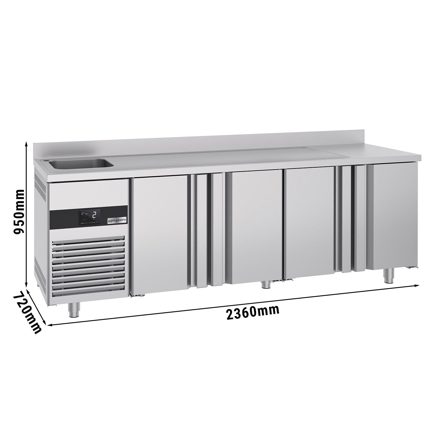 Kühltisch PREMIUM - 2360x700mm - mit 4 Türen, 1 Becken links - Aufkantung