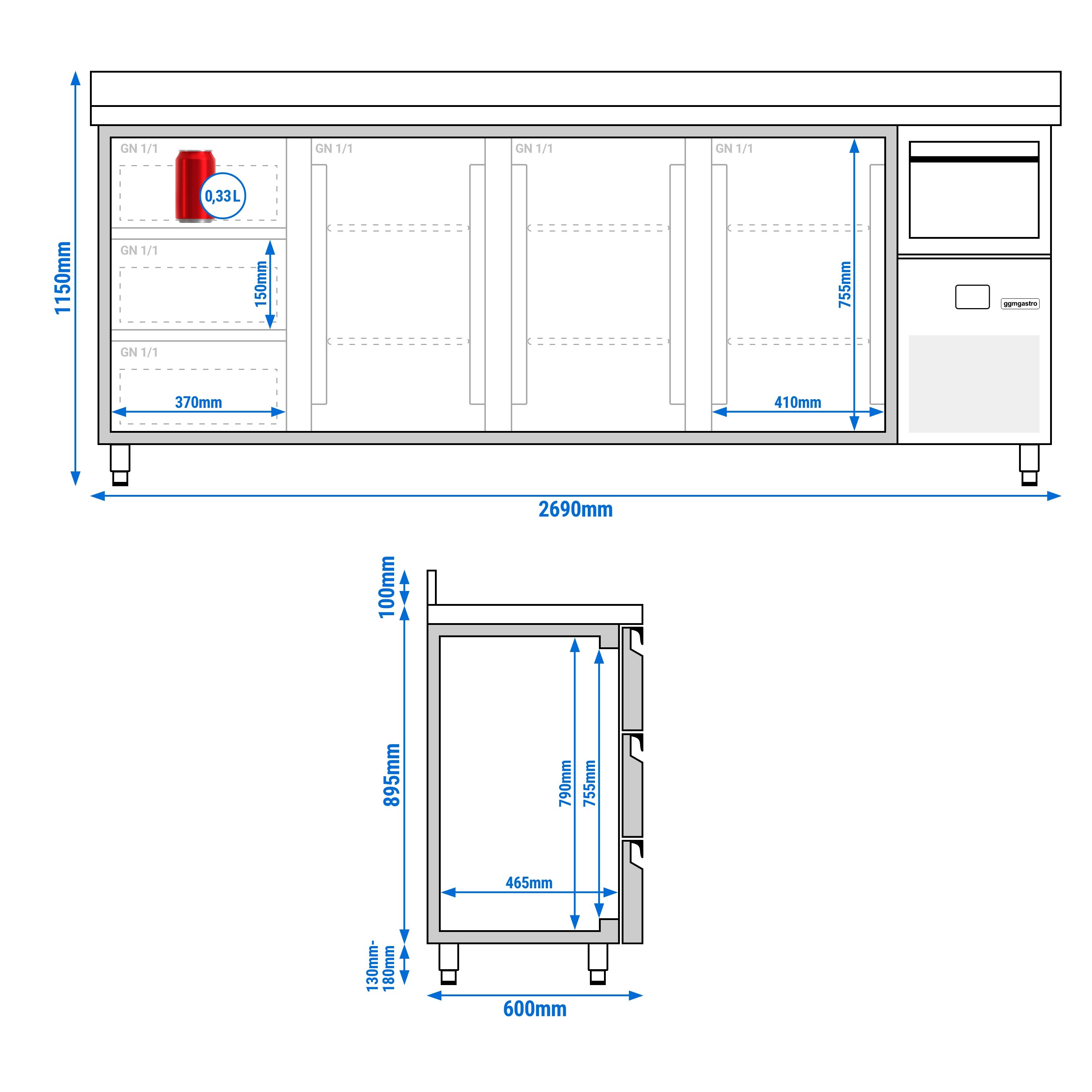 Arrière-bar réfrigéré professionnel PREMIUM - 2690 x 600 mm - avec 3 portes et 3 tiroirs - avec dosseret - avec tiroir à marc de café