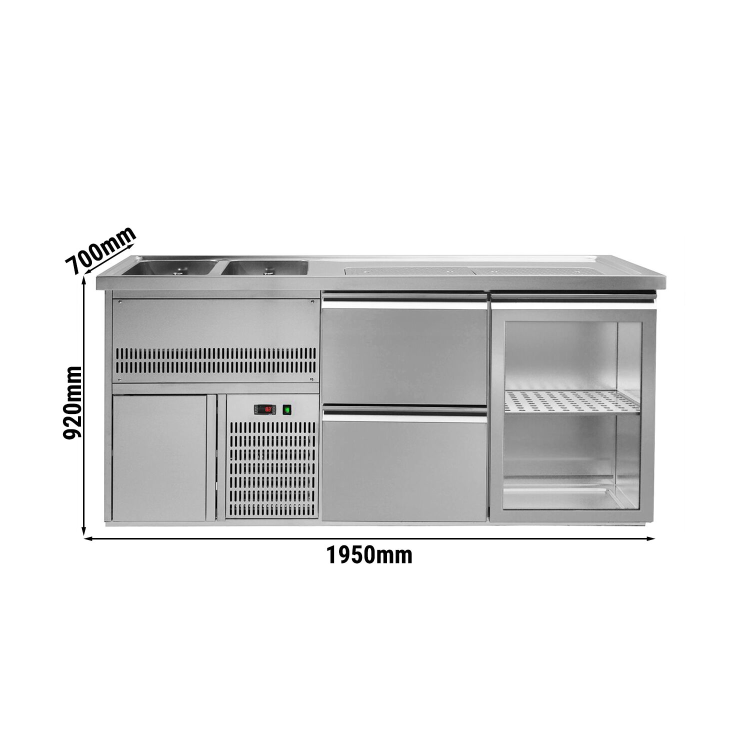 Comptoir à bière Premium PLUS – 1950 × 700 mm – 1 porte vitrée & 2 tiroirs