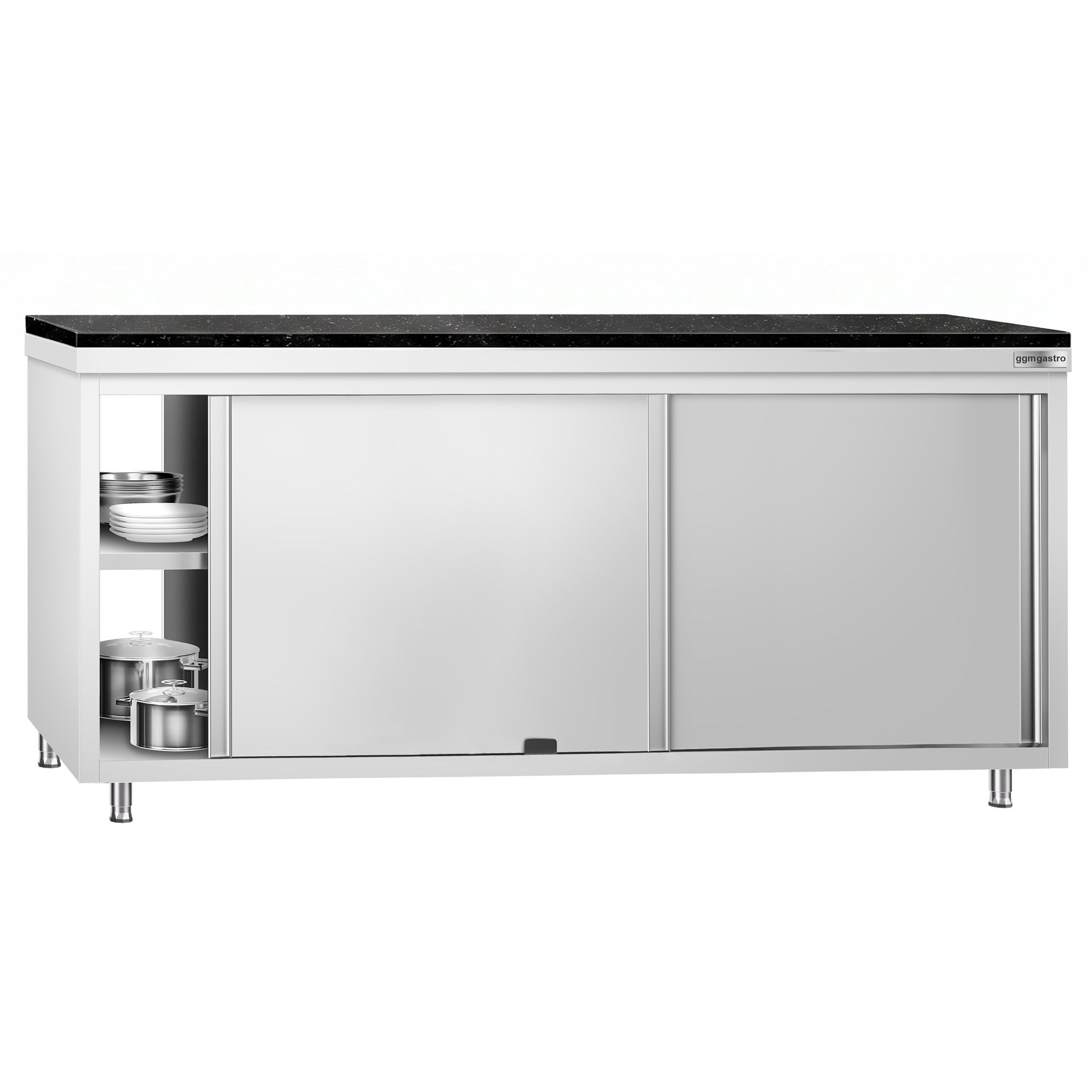 Roestvrijstalen werkkast PREMIUM - 2000 x 600 mm - met doorgeefluik - incl. granieten werkblad